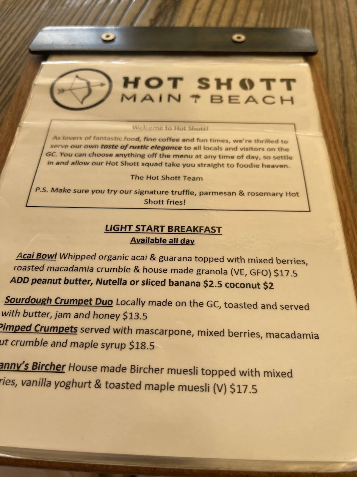 Menu At Hot Shott Cafe Main Beach