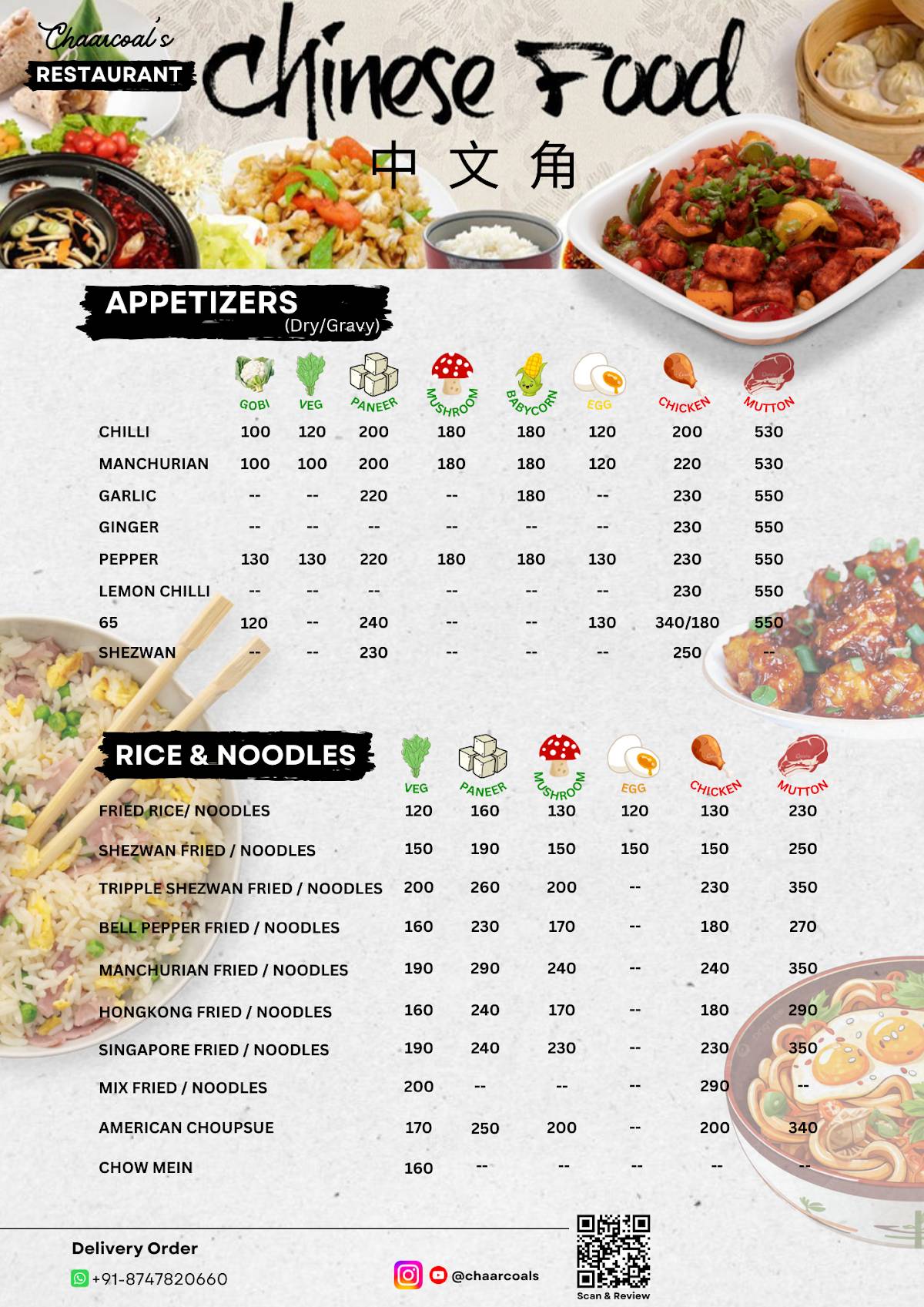 Chaarcoal’s Family Restuarant menu
