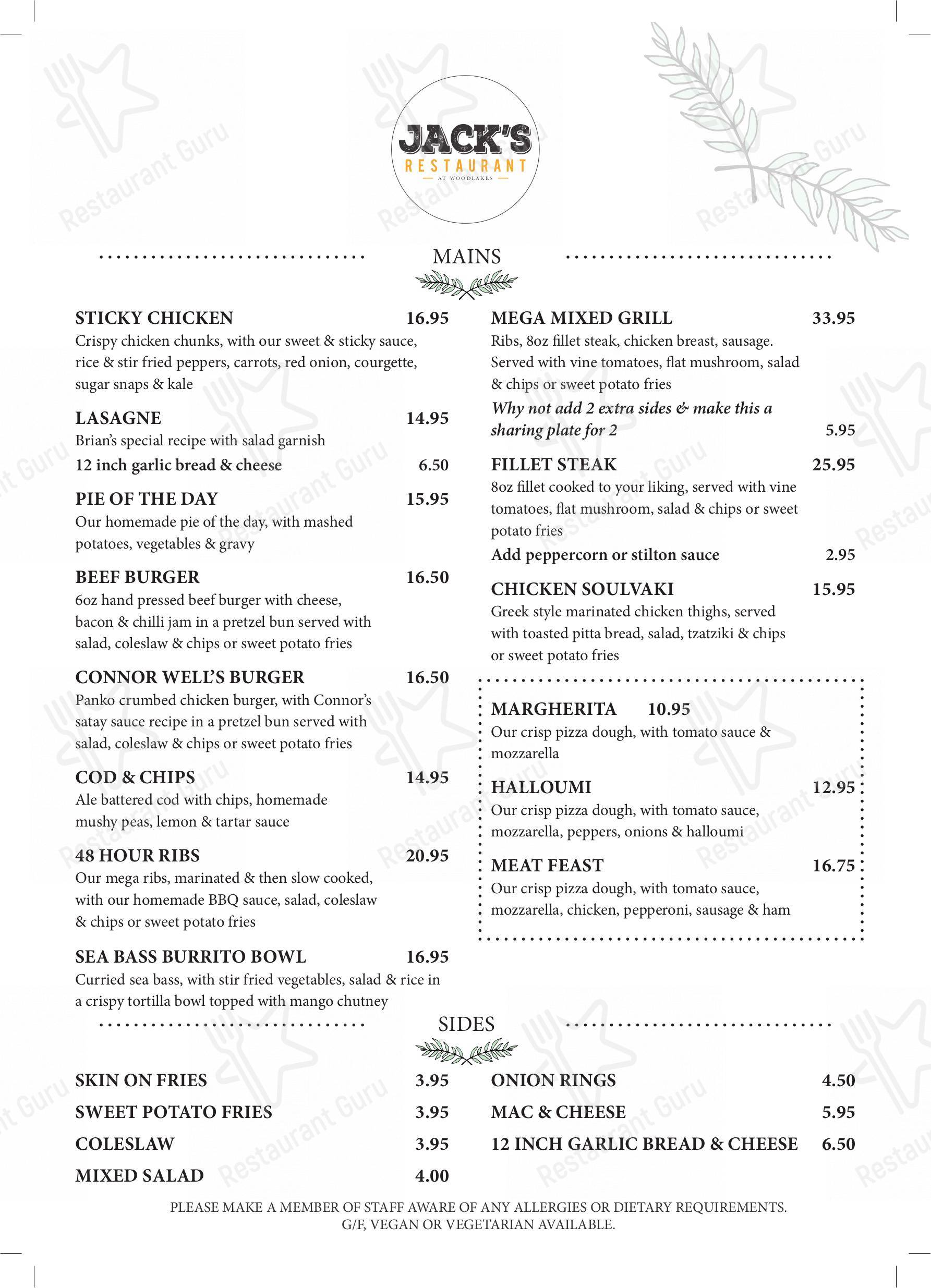 Menu at Jacks at Woodlakes restaurant, Stow Bardolph