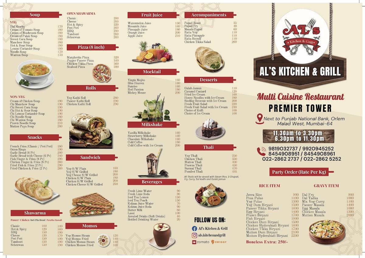 AL's Kitchen and Grill, Orlem, Malad menu
