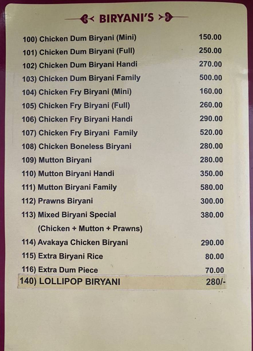 ABHIRUCHI BIRYANI POINT menu