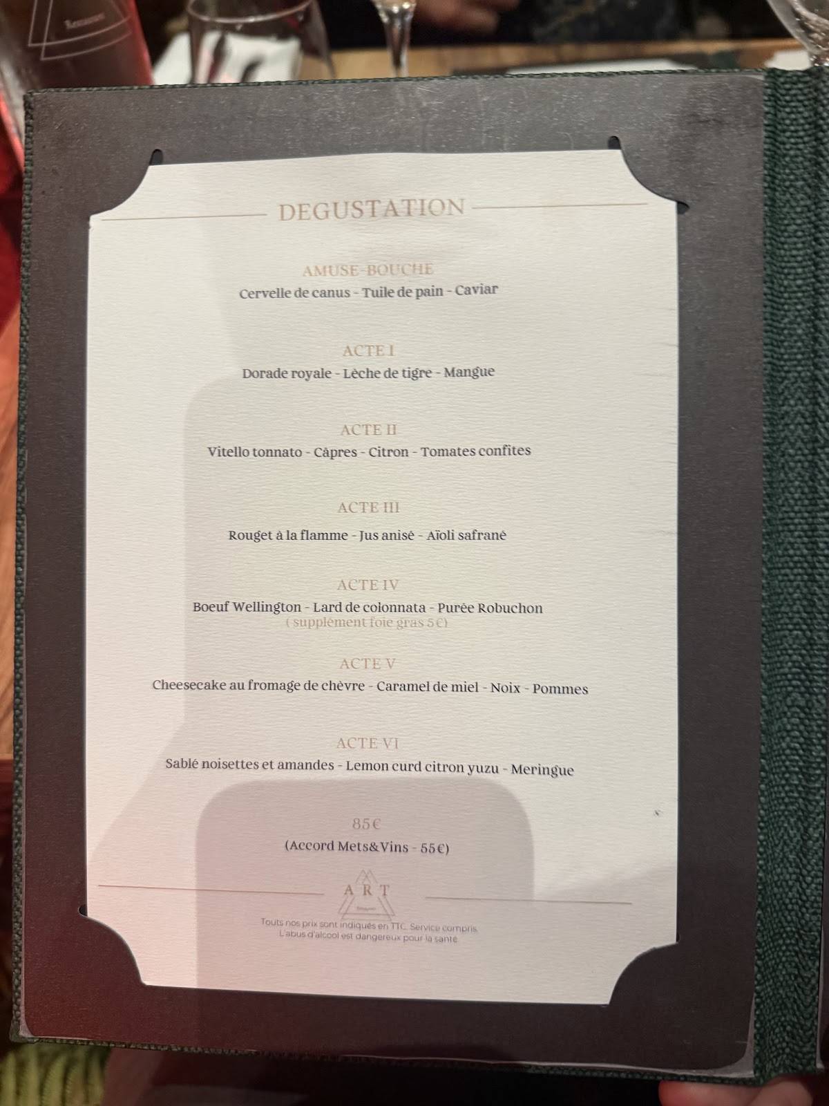 Menu de ART Restaurant Lyon