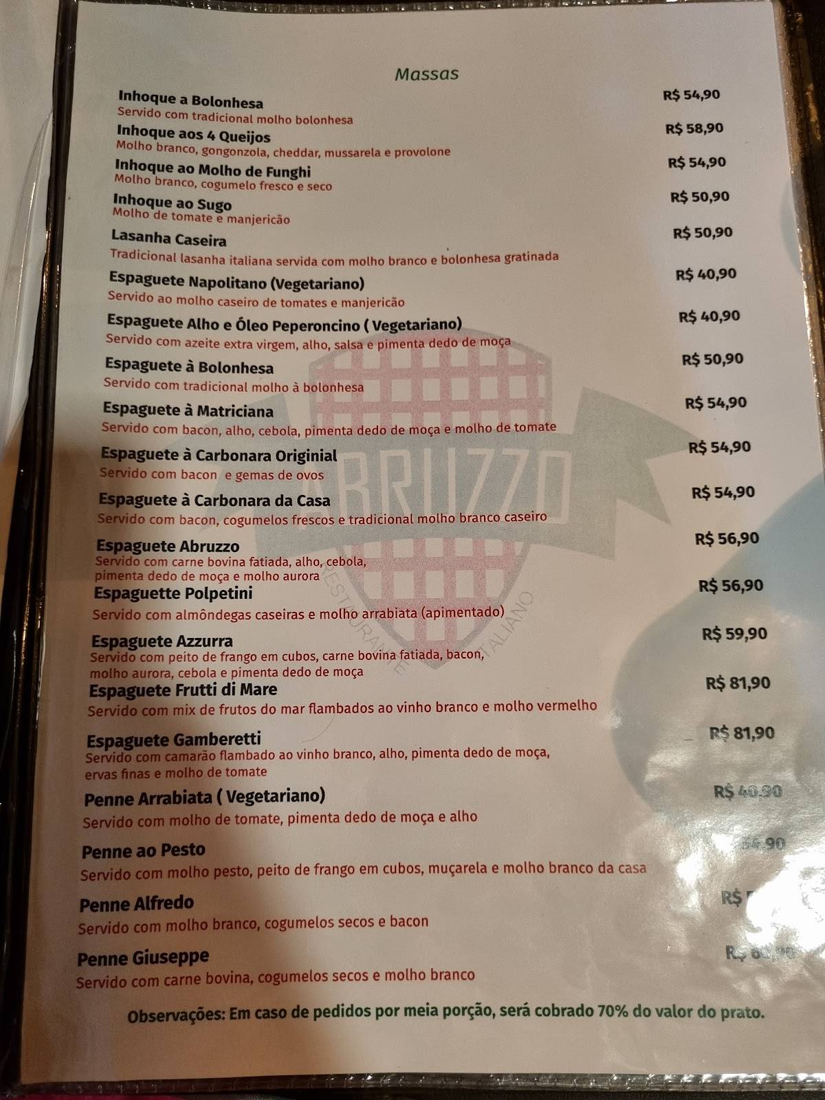 Abruzzo Restaurante Italiano cardápio