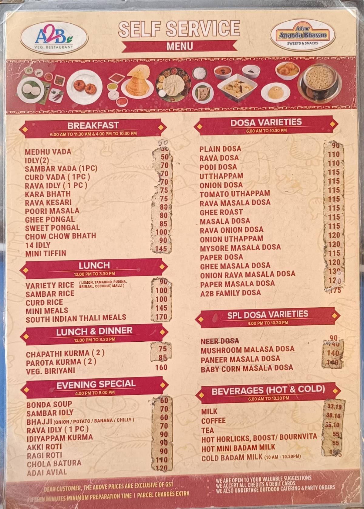 Adyar Ananda Bhavan - A2B menu