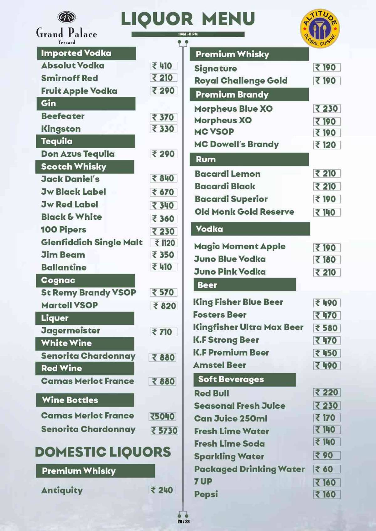 Altitude Global Cuisine Restaurant in Yercaud menu