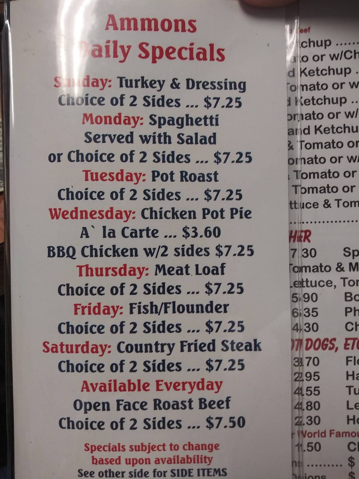 Menu at Ammons' Drive Inn & Dairy Bar, Waynesville
