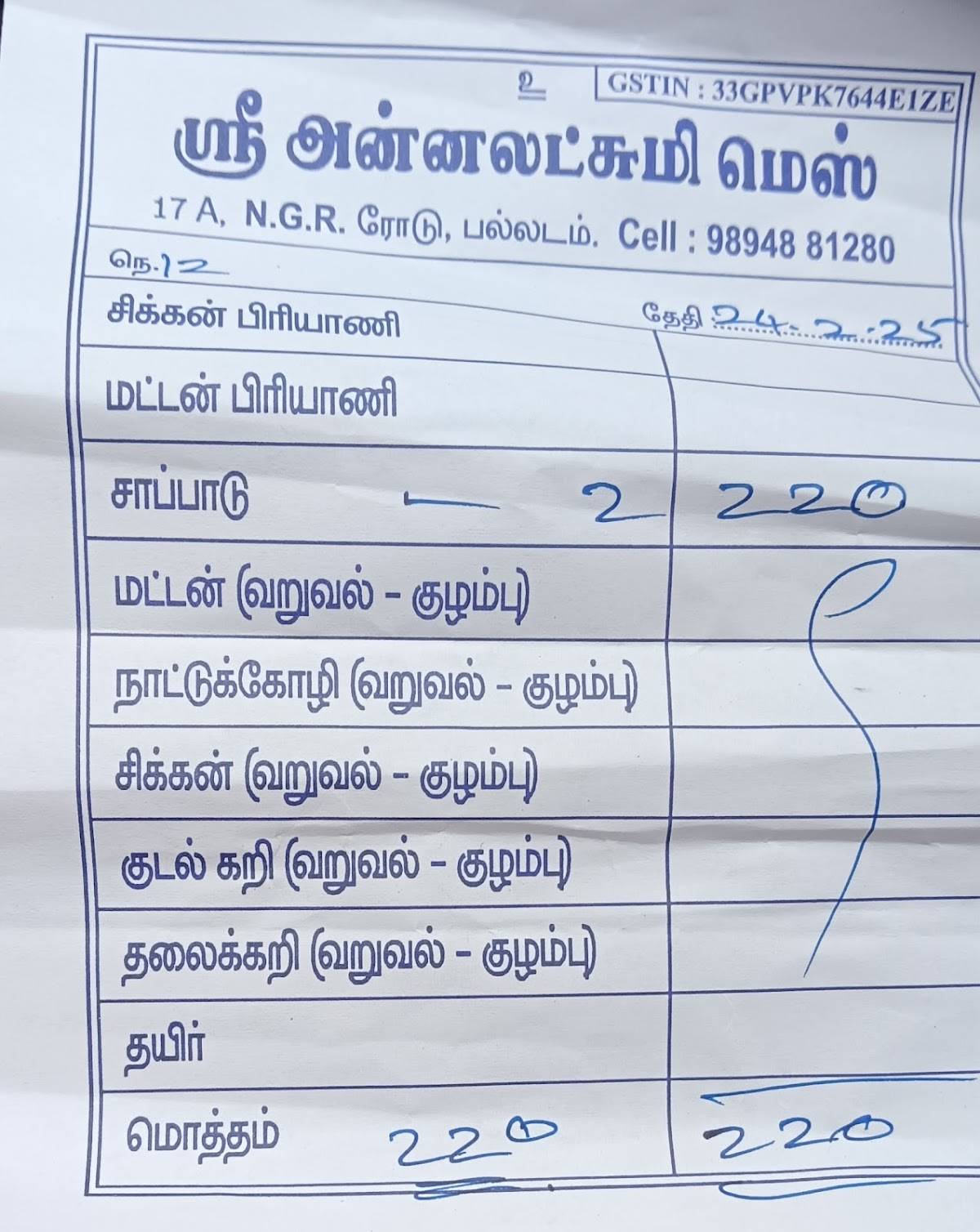 Annalakshmi Mess menu