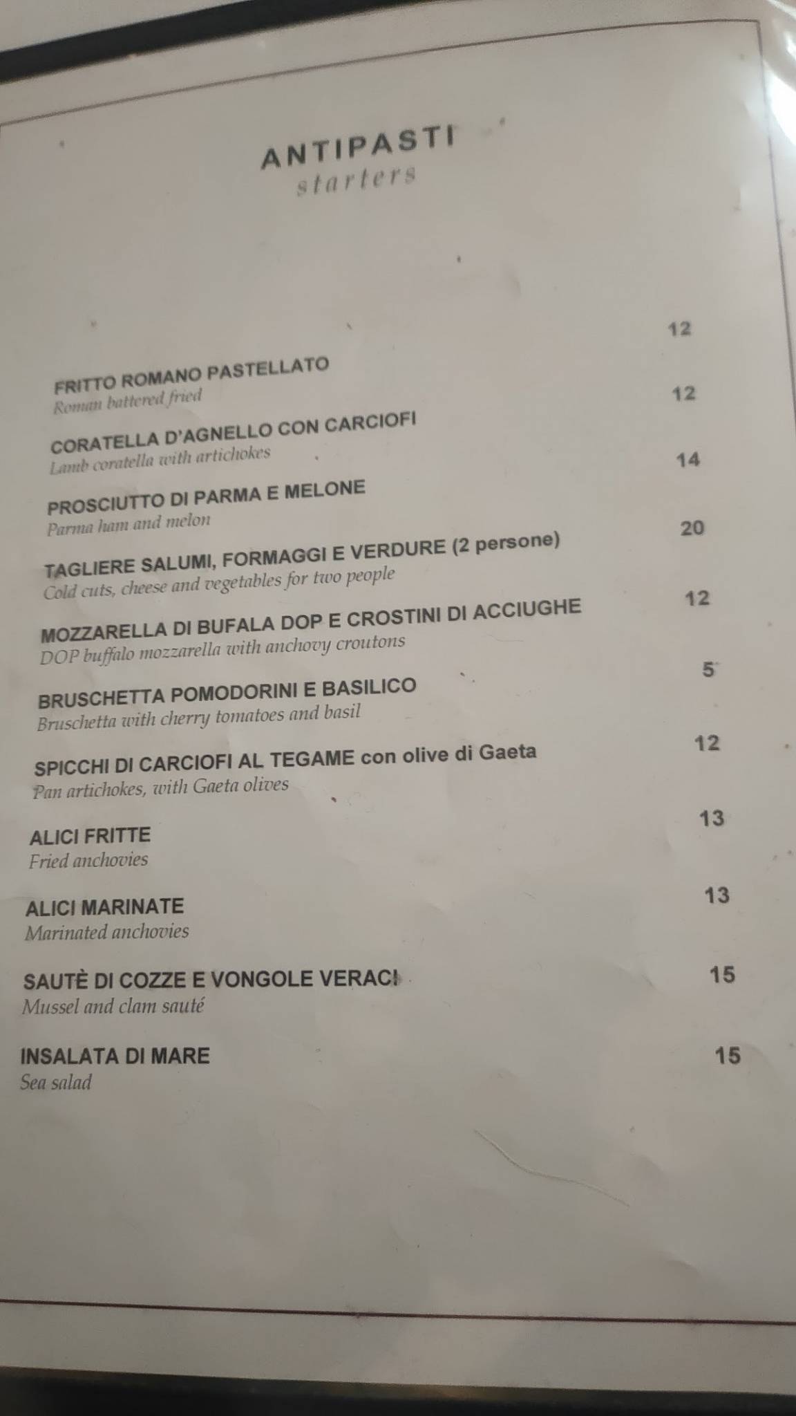Menu di Antica Bohéme 