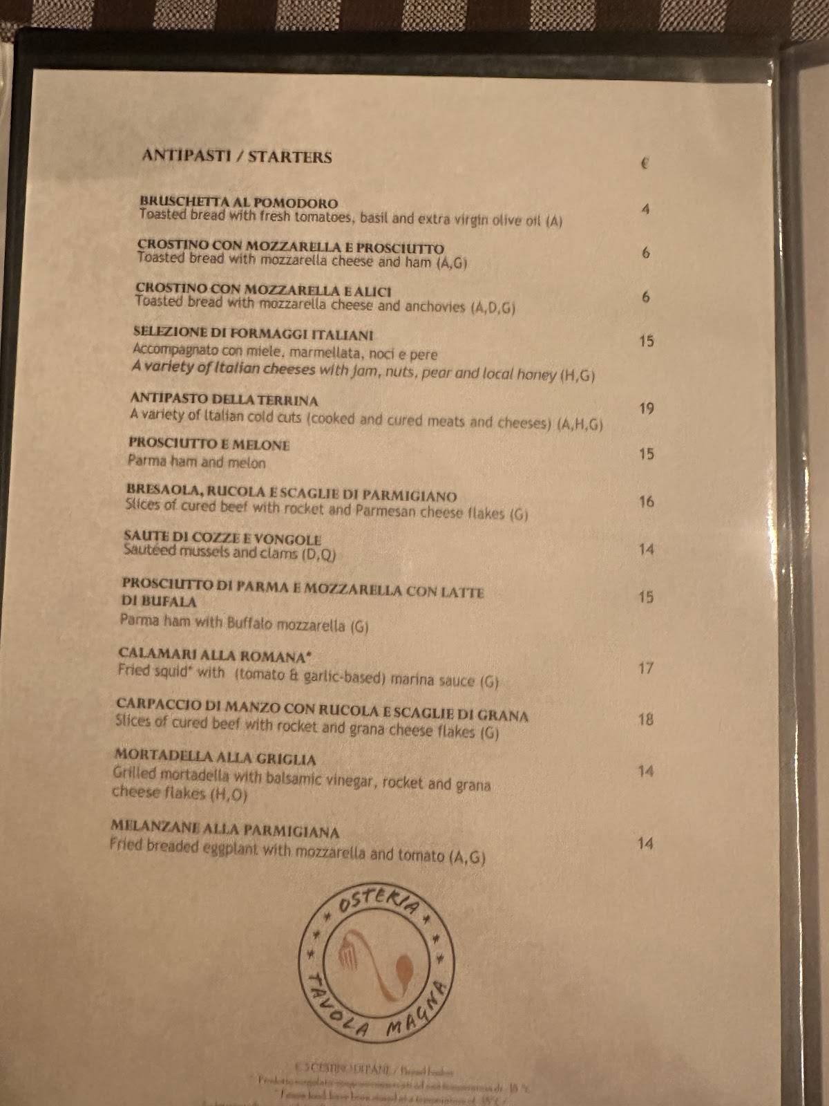 Menu di Antica Hostaria Romanesca 