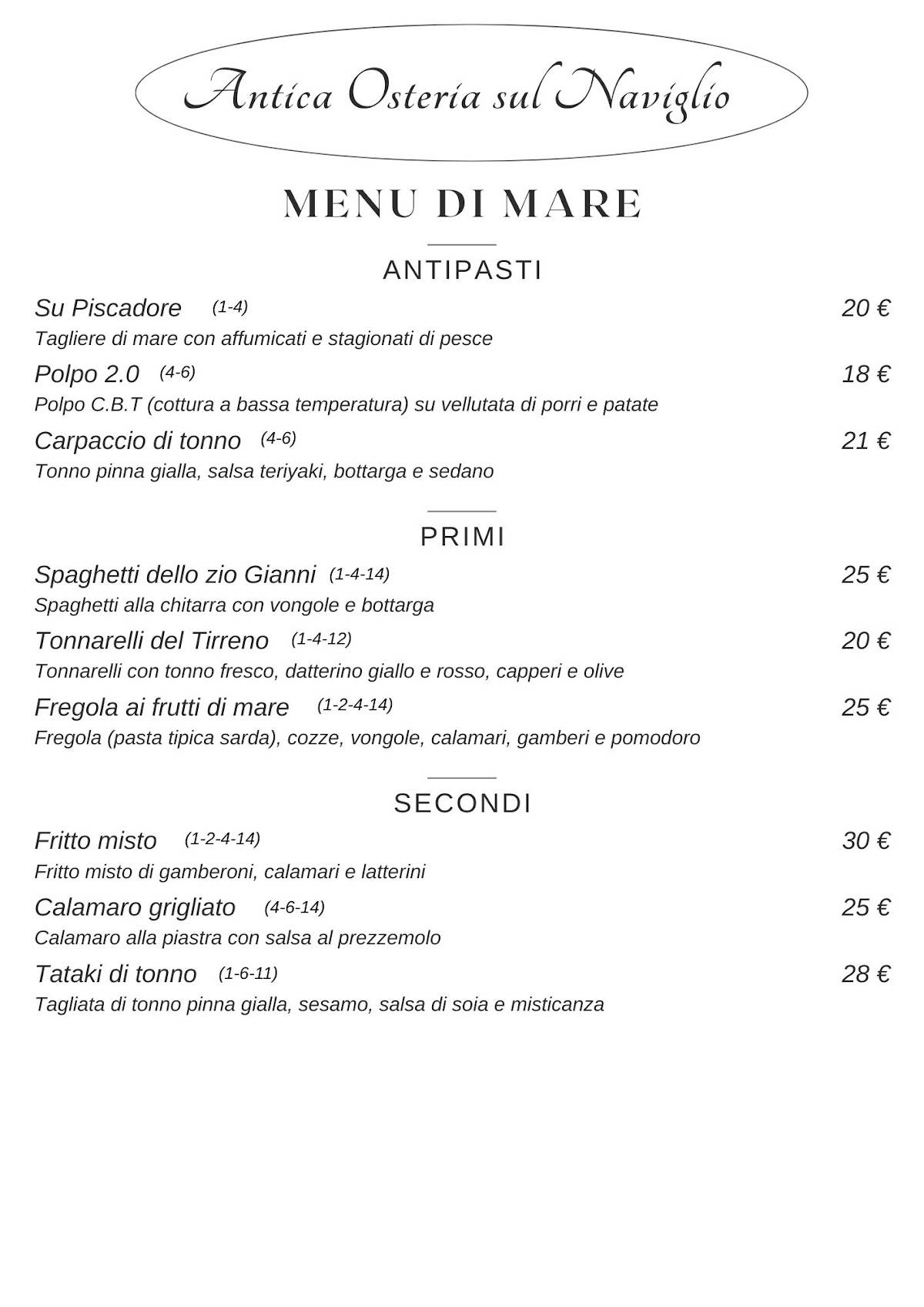 Menu di Antica Osteria sul Naviglio 
