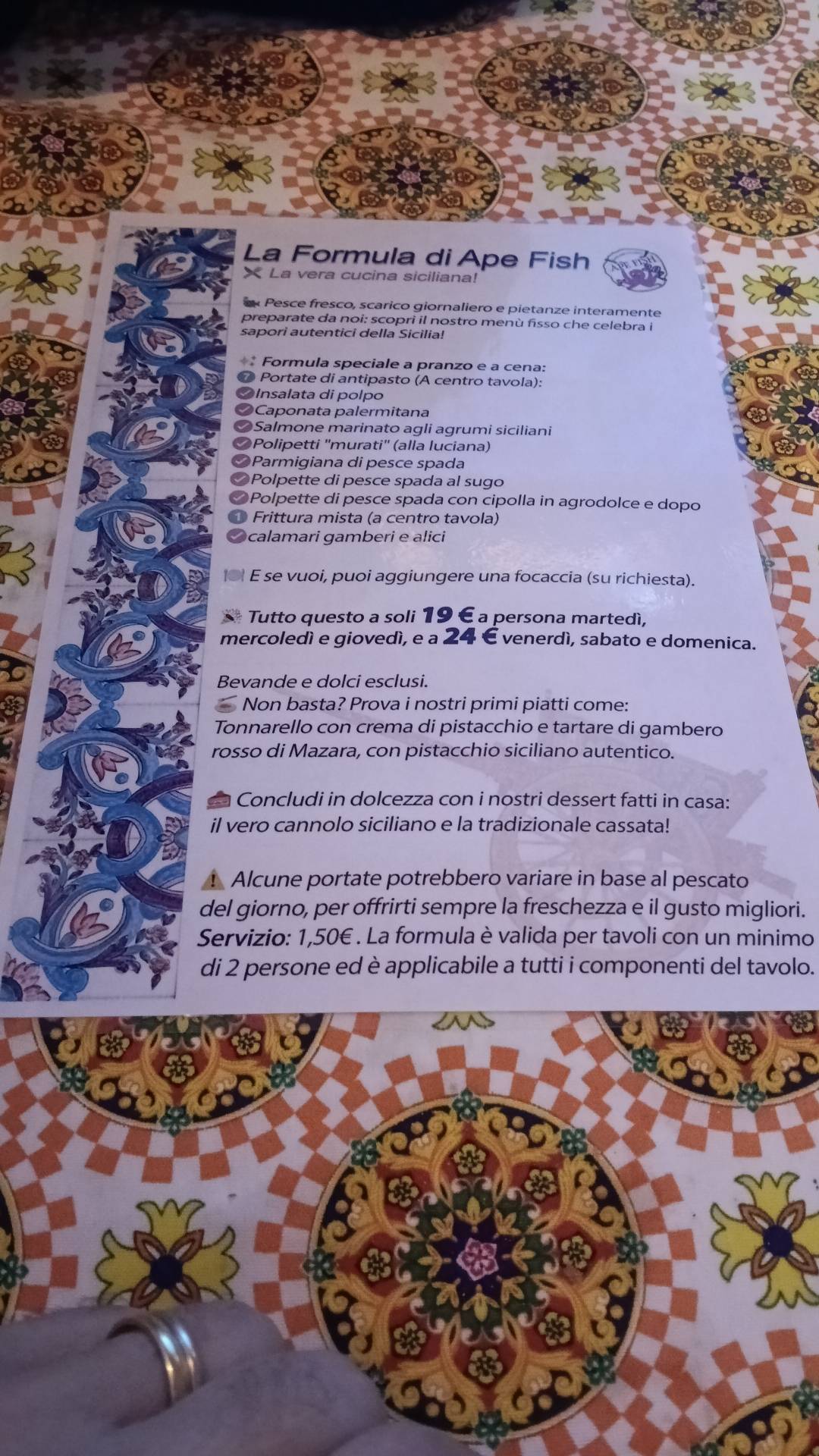 Menu di APEFISH 2.0 - Pesce e tradizione palermitana 
