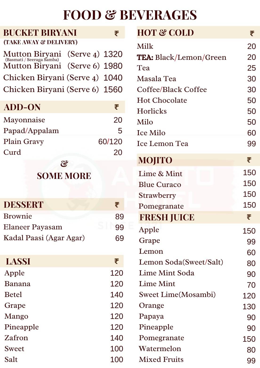 Aristo Hotel menu