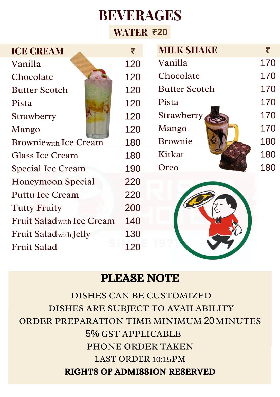 Aristo Hotel menu