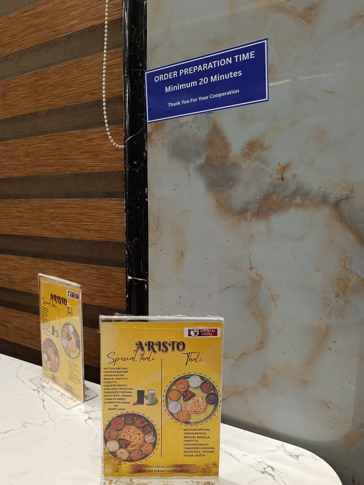 Aristo Hotel menu