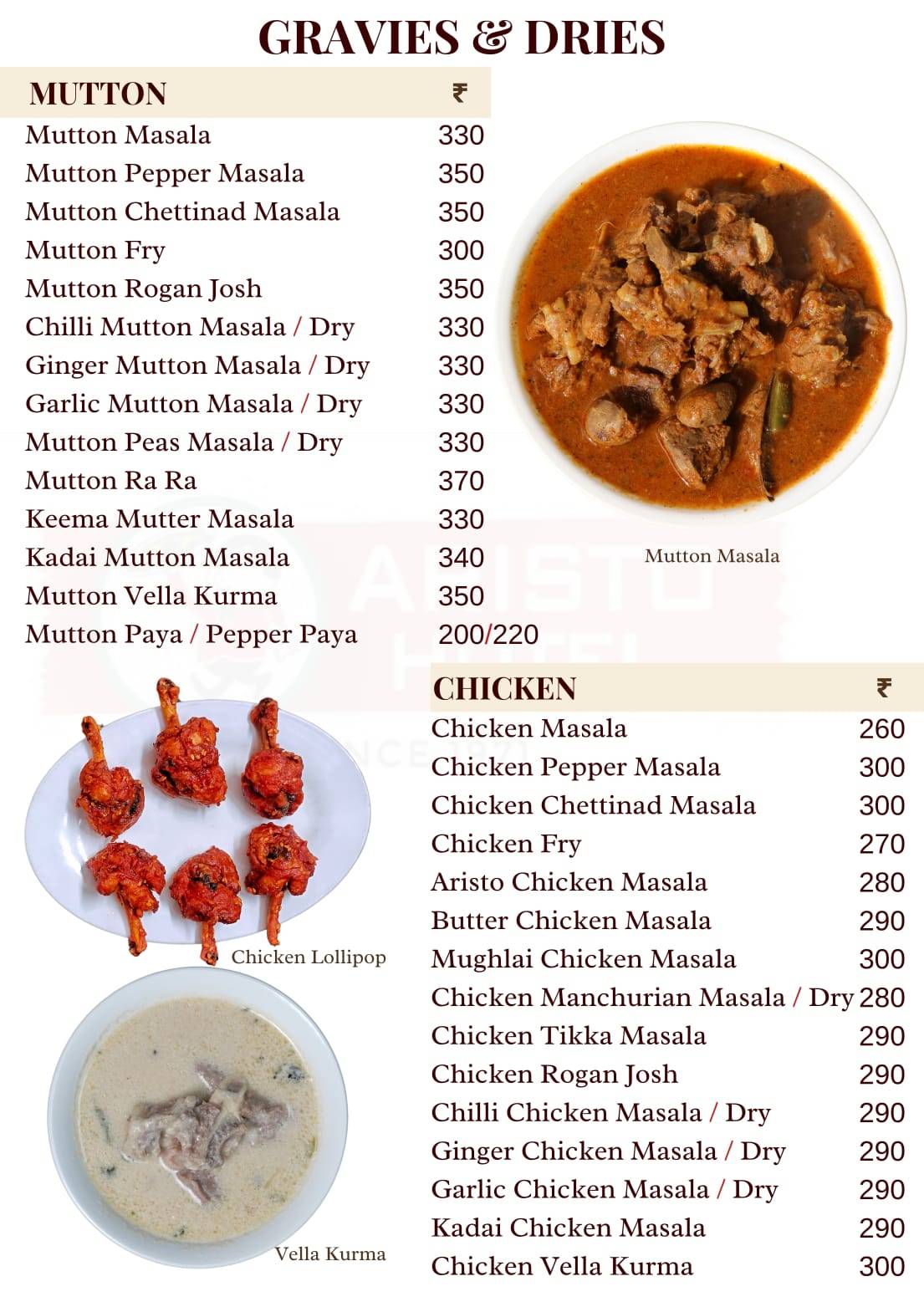 Aristo Hotel menu