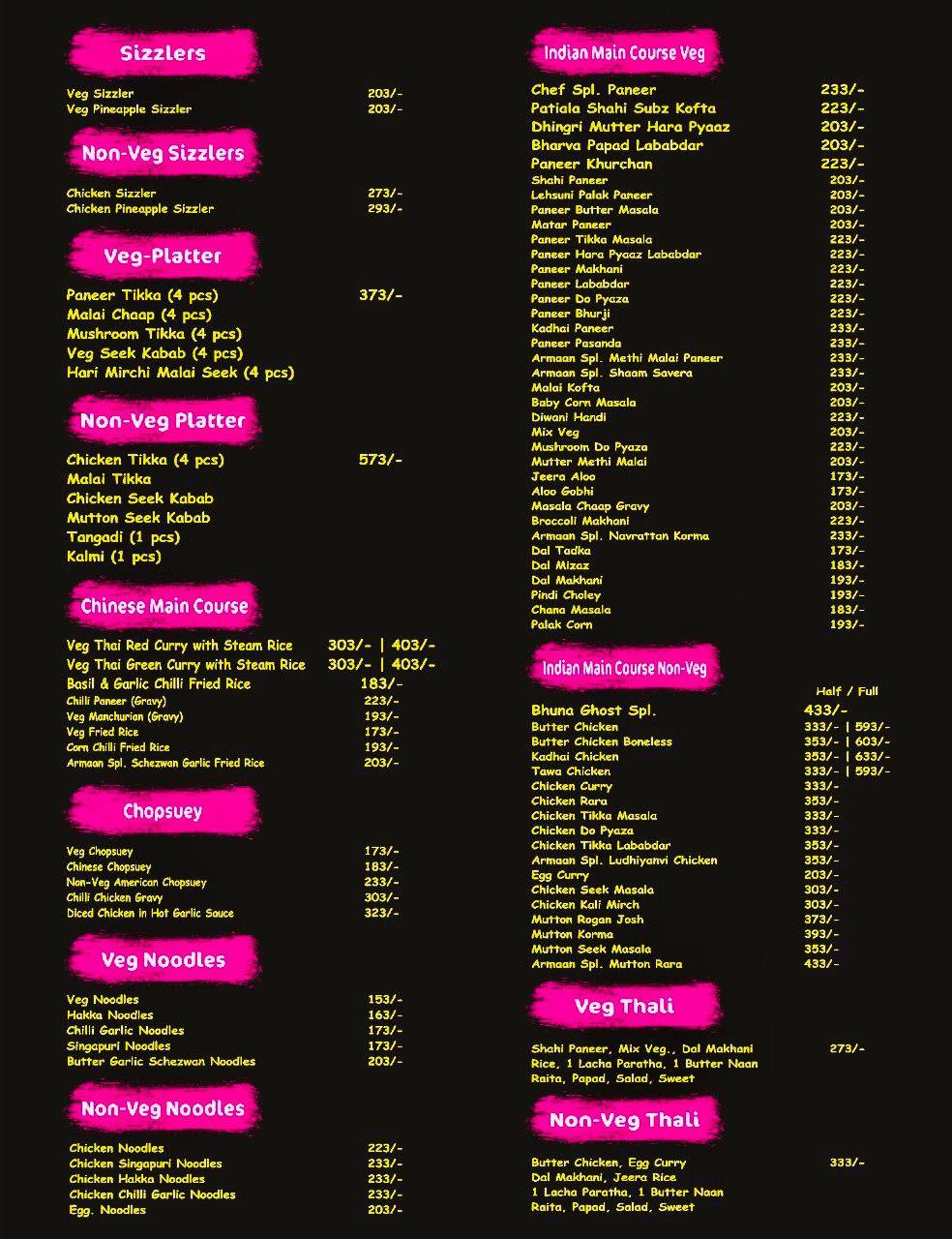 Armaan Restaurant and The Jungleee cafe menu