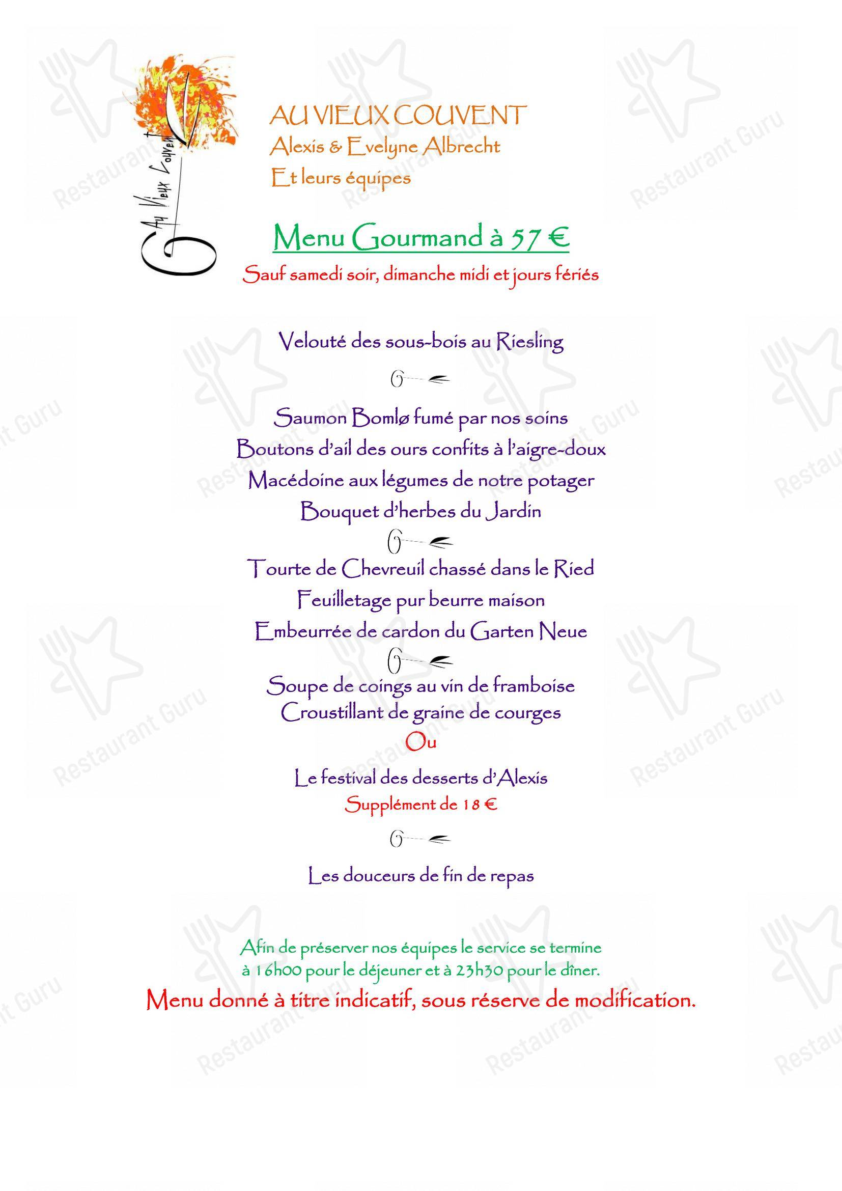 Menu pour Au Vieux Couvent dans Rhinau