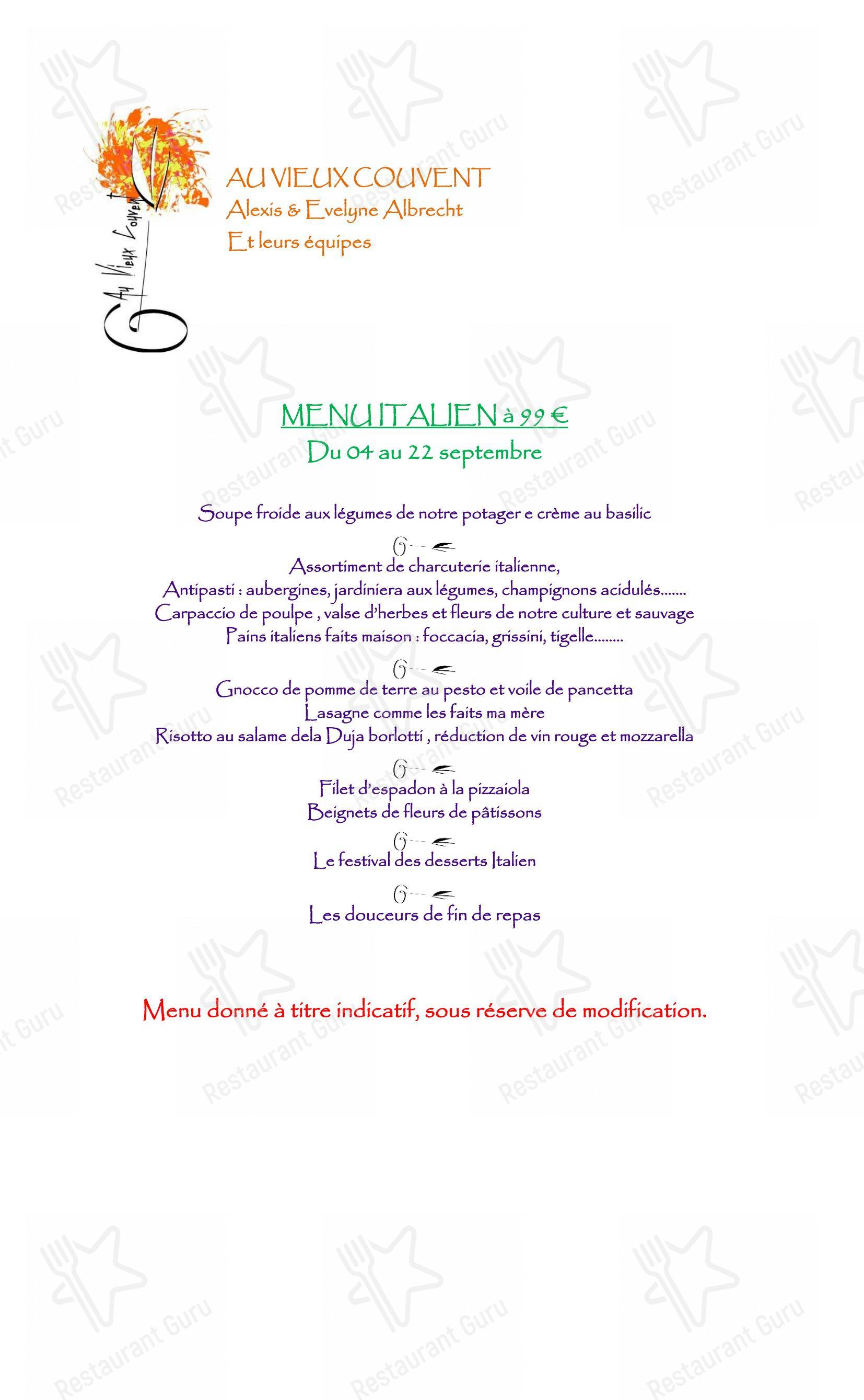 Menu bar pour Au Vieux Couvent restaurant