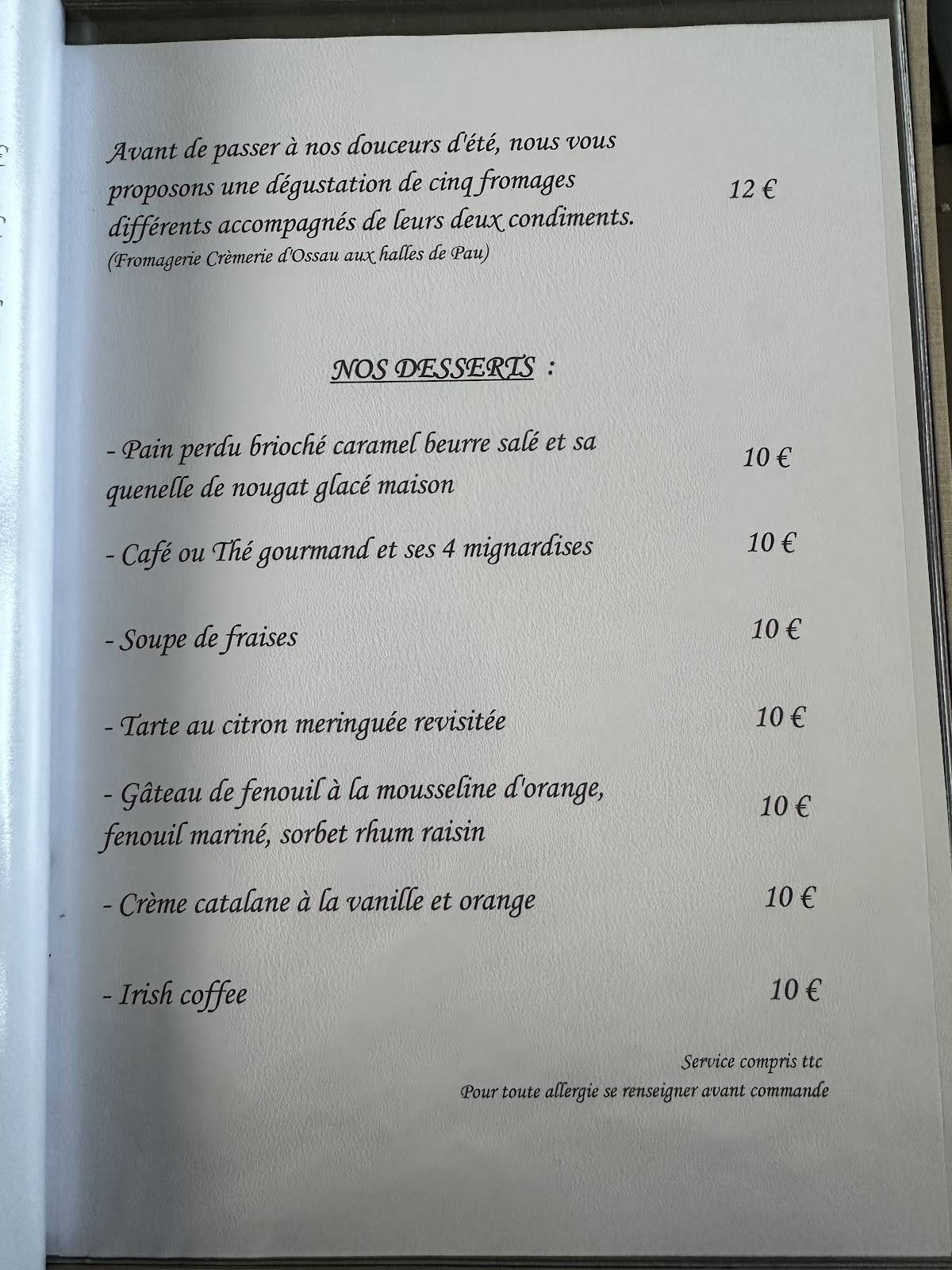 Menu de Auberge des Roses