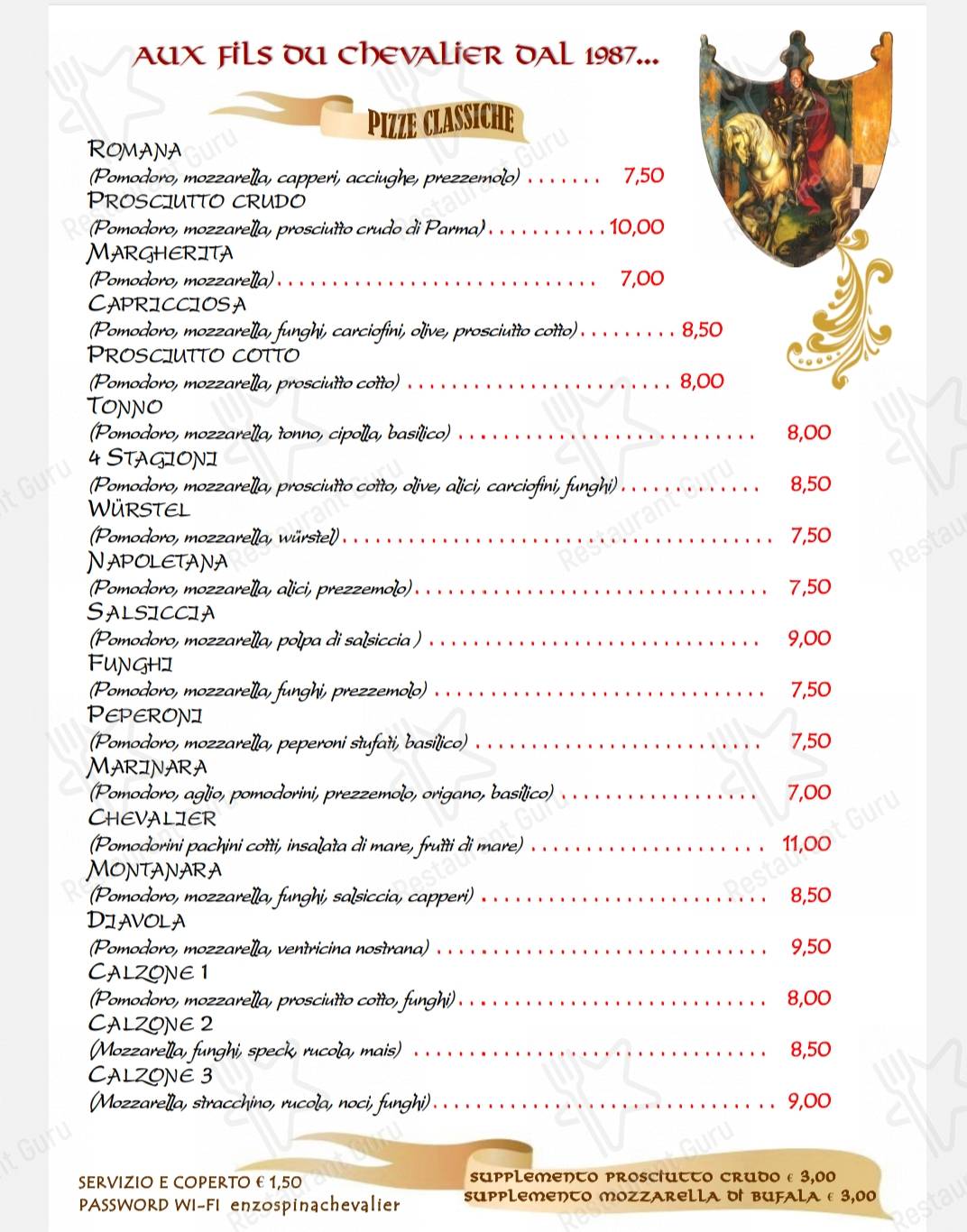 Menu di Aux Fils Du Chevalier - Golfo d’Oro Vasto