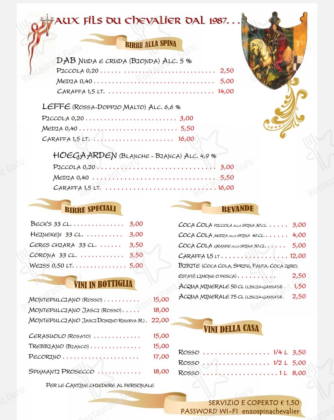 Menu di Aux Fils Du Chevalier - Golfo d’Oro Vasto - pasti e bevande