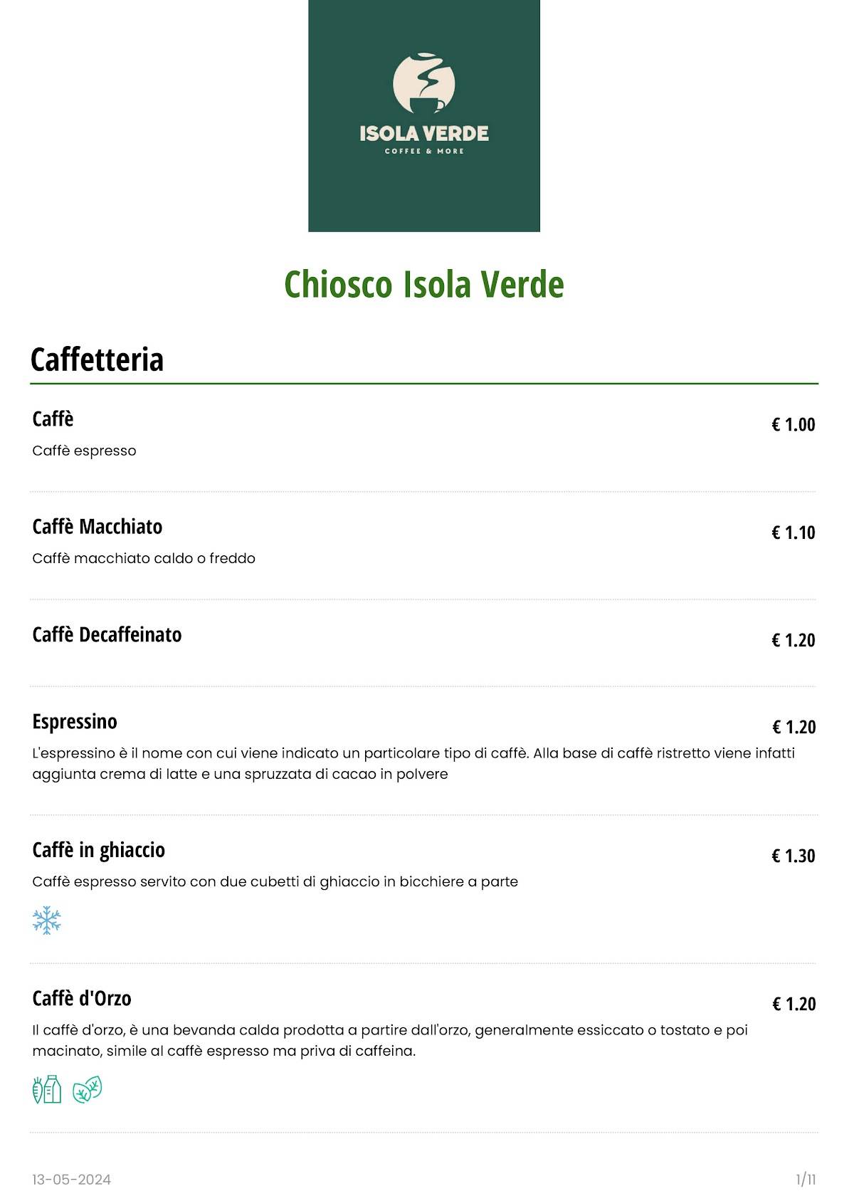 Menu di BAR ISOLA VERDE 