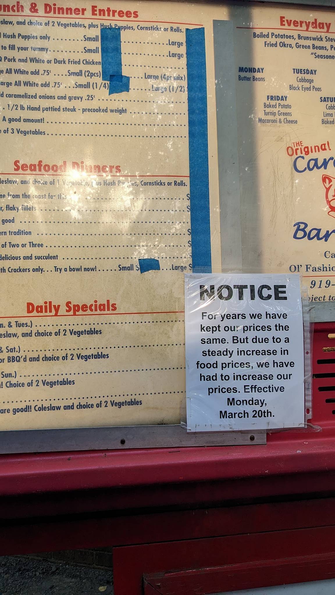 Menu at The Original Carolina Barbecue, Garner