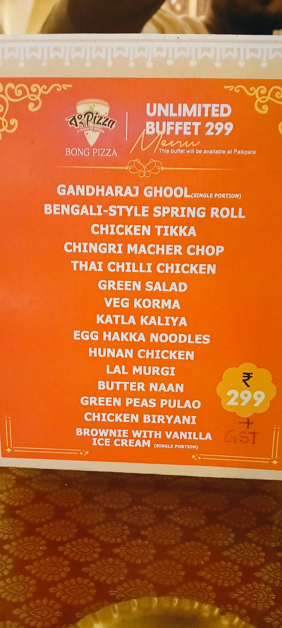 BONG PIZZA PAIKPARA menu