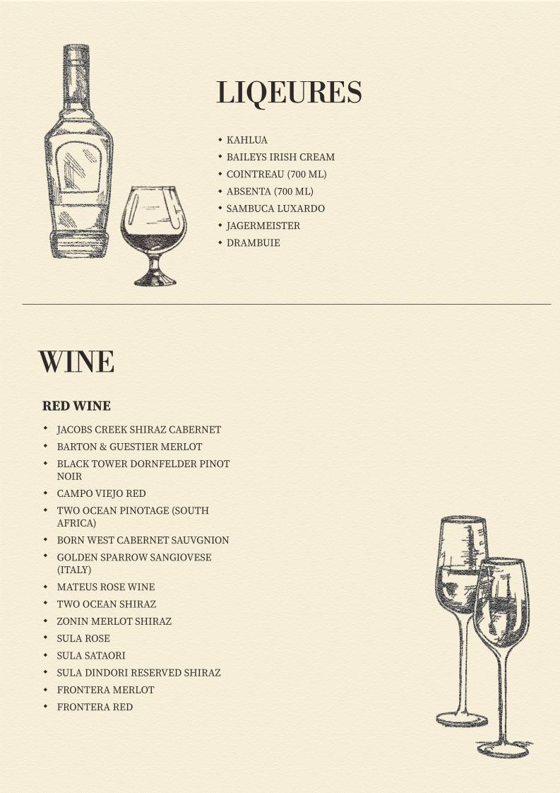 Hammerzz Nightclub menu