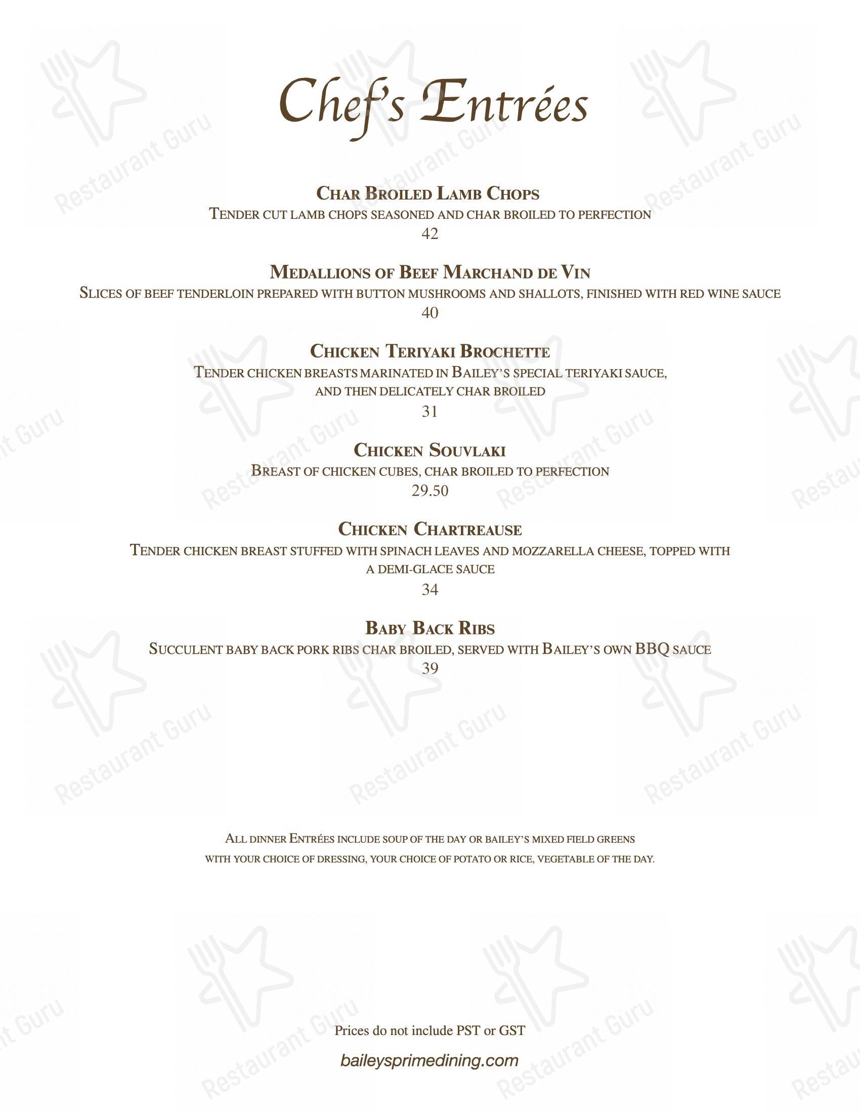 Menu at Bailey's Restaurant, Winnipeg, 185 Lombard Ave