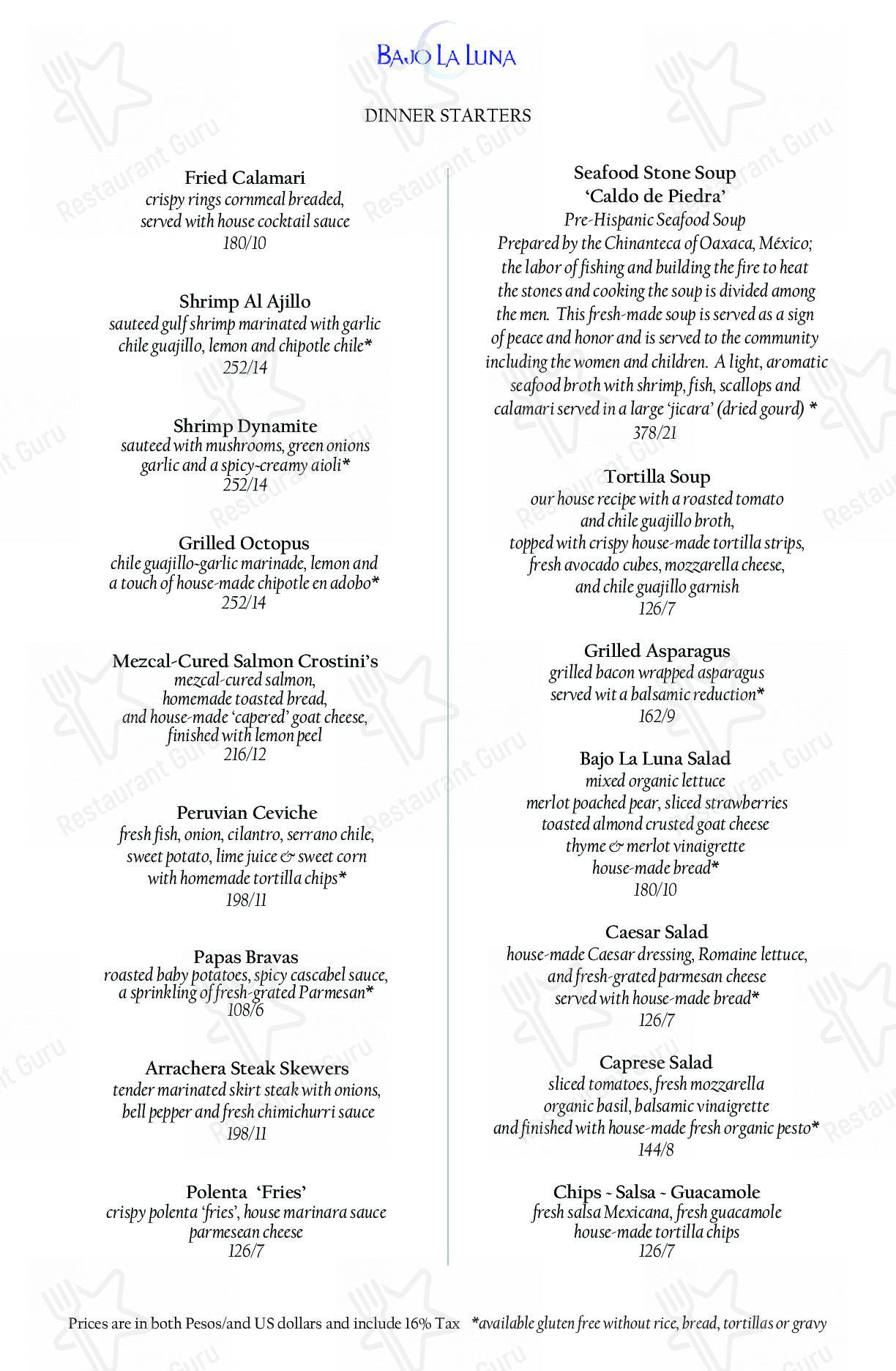 Menu at Bajo La Luna Restaurant & Lounge, Cabo San Lucas