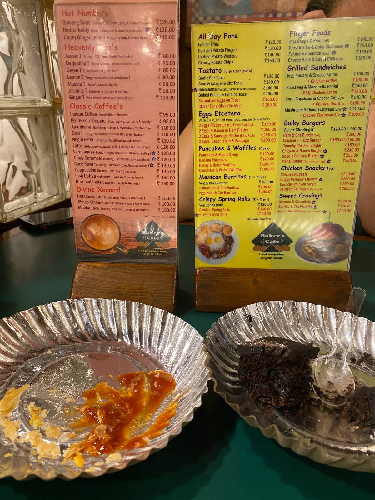 Menu at Baker's Cafe, Gangtok, Mahatma Gandhi Marg