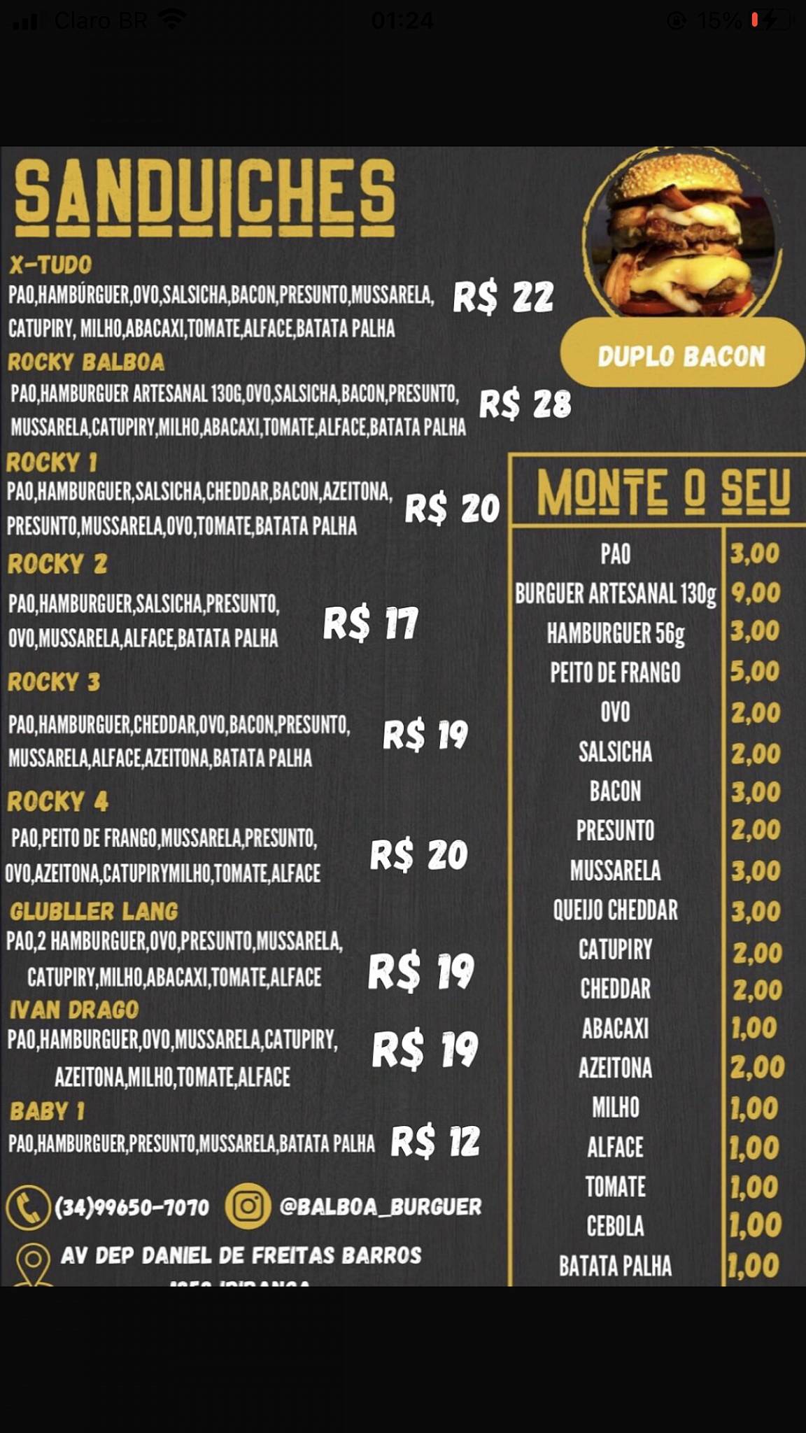 Balboa burguer hamburgueria cardápio