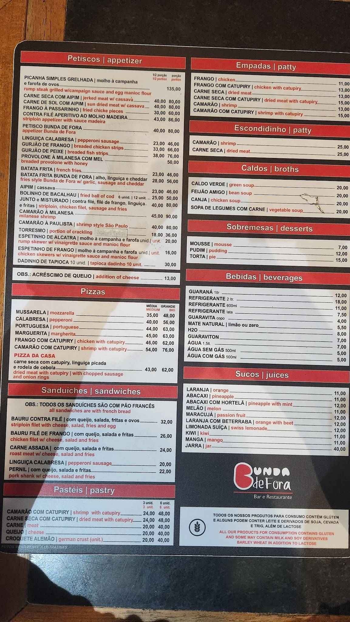 Bar Bunda de Fora cardápio