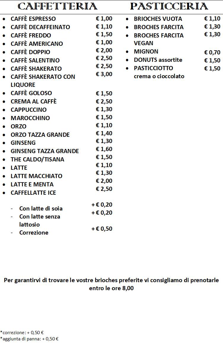Menu di Caffetteria Bar Liceo 
