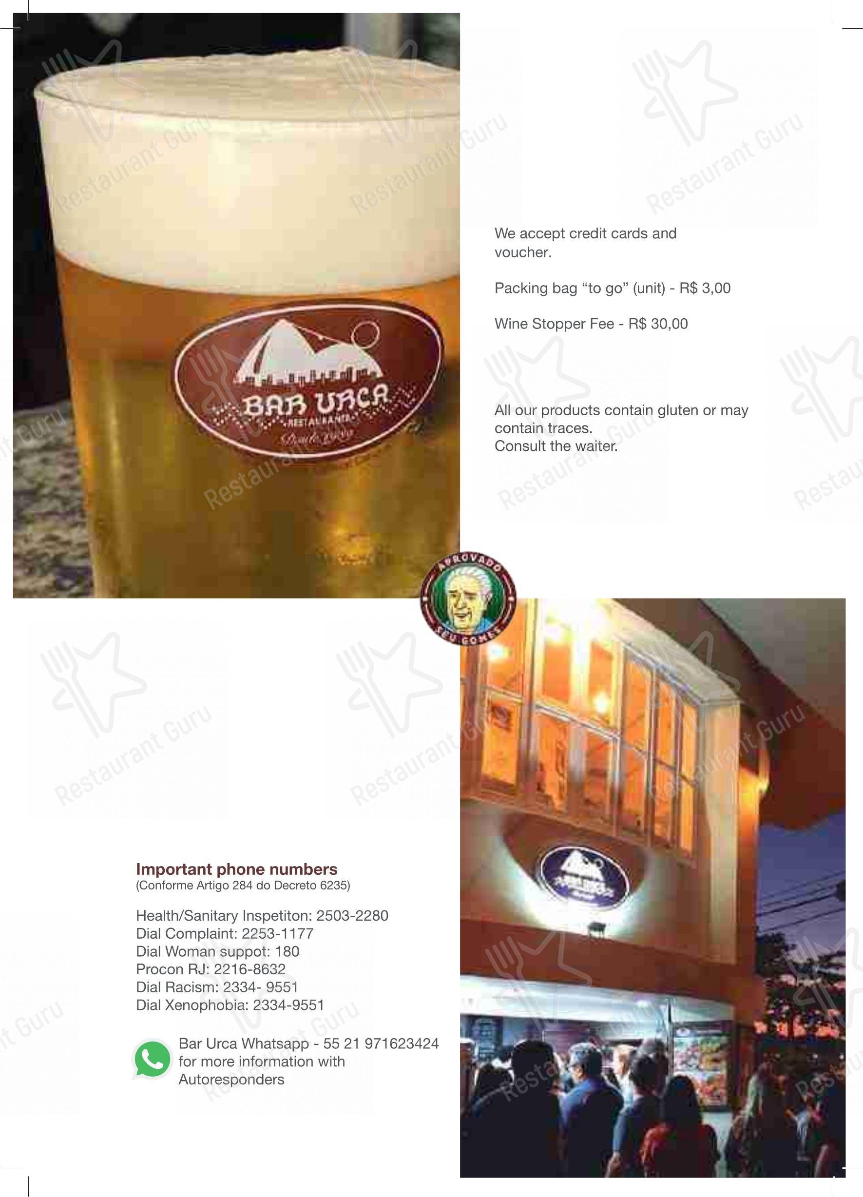 Menu bar para Bar Urca em Rio de Janeiro