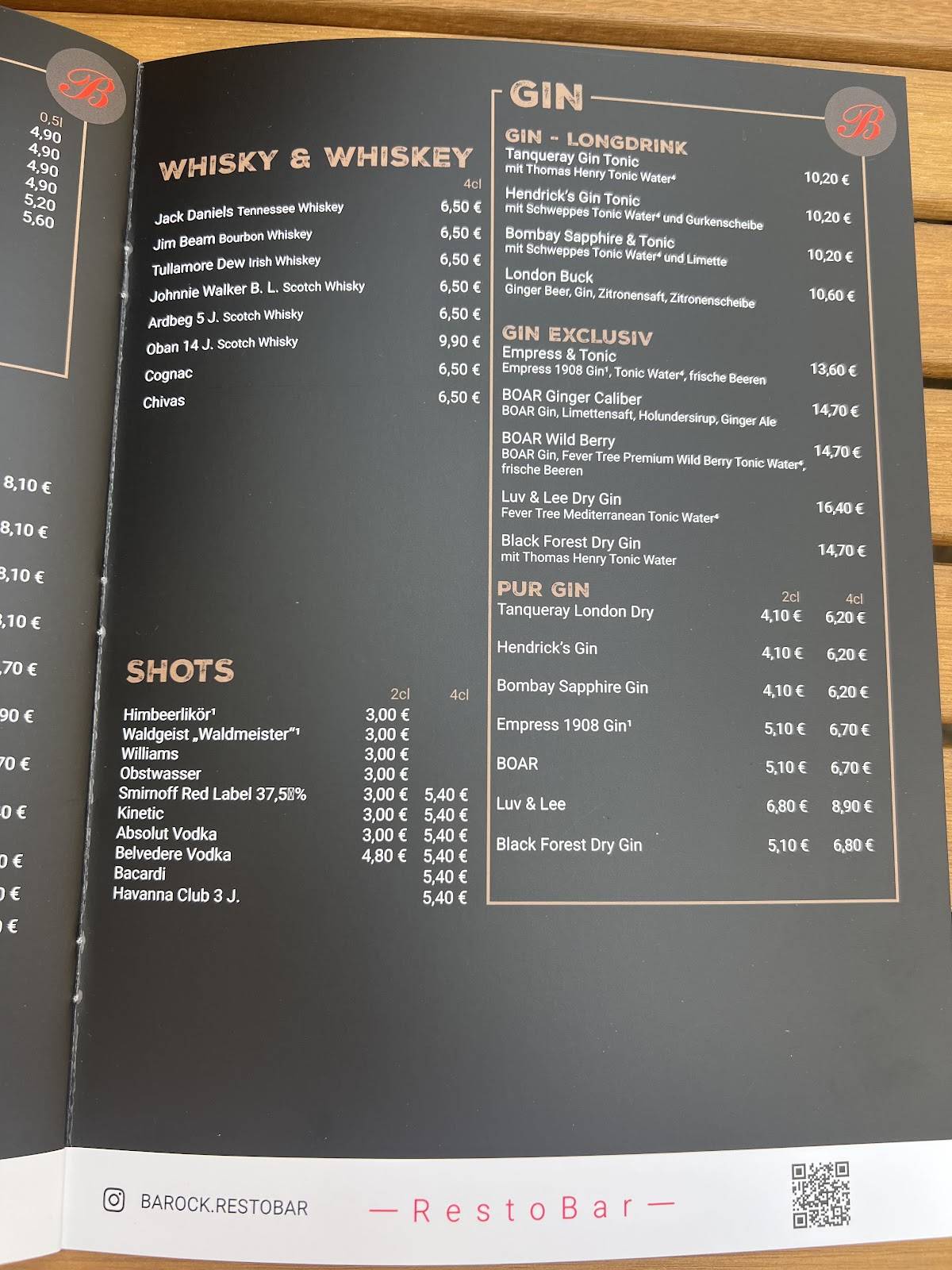 Menu de Barock RestoBar
