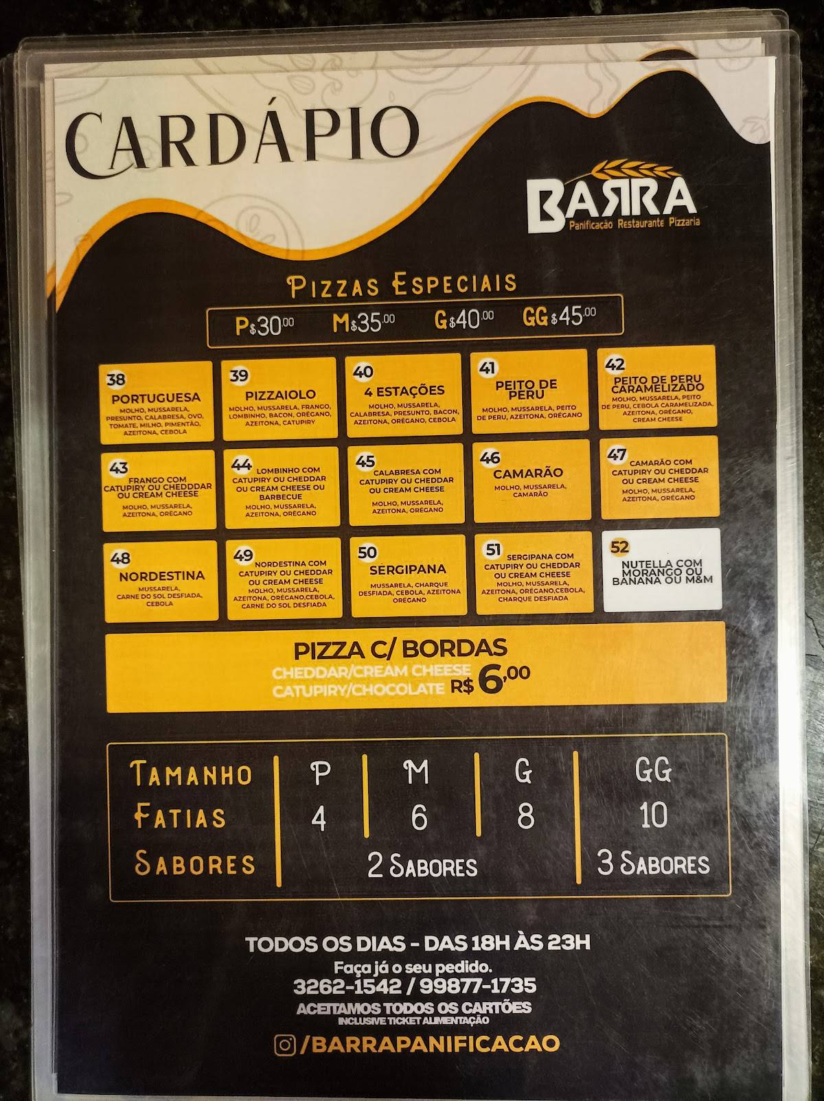 Menu em Barra Panificação & Restaurante, Aracaju