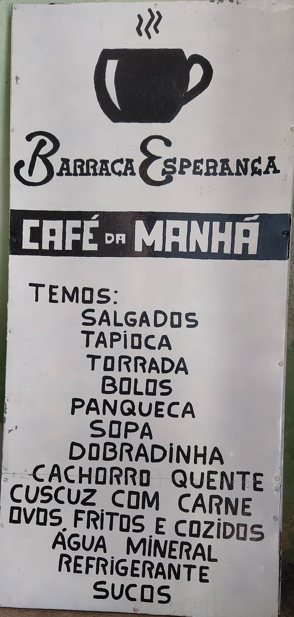 Barraca esperança cardápio