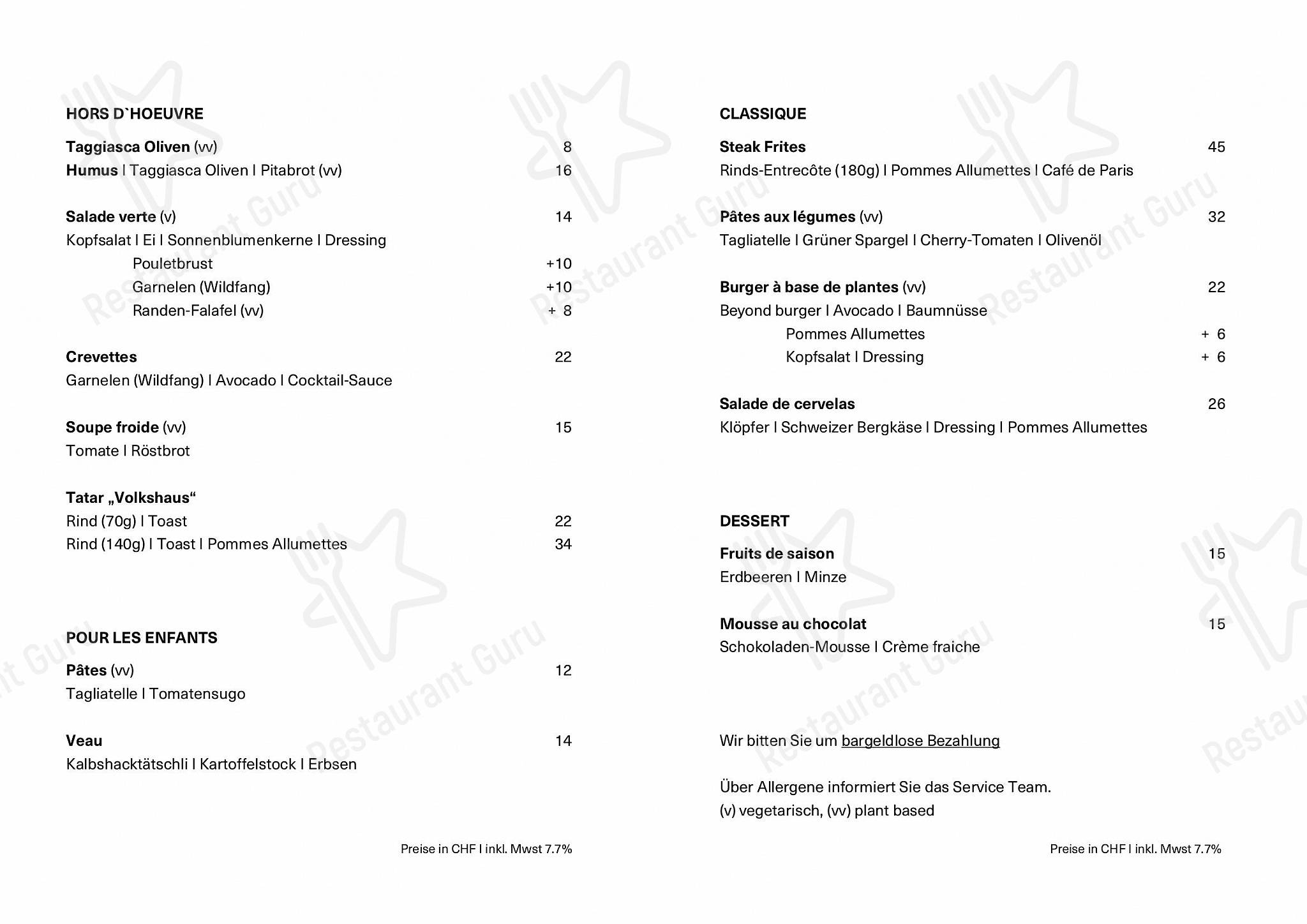 Bar Grill Menu per Brasserie, Bar und Event Volkshaus Basel in Basilea