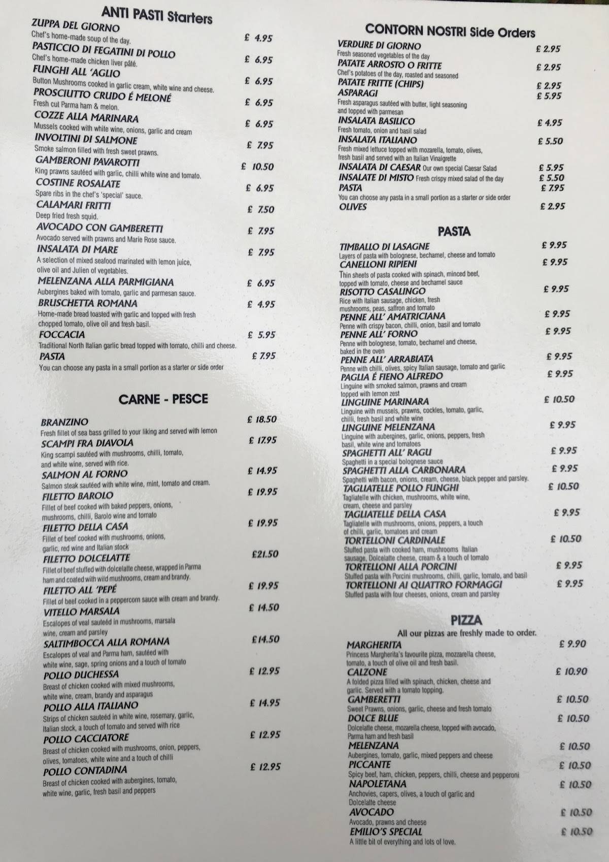 Menu at Emilio's Italian restaurant, Doncaster