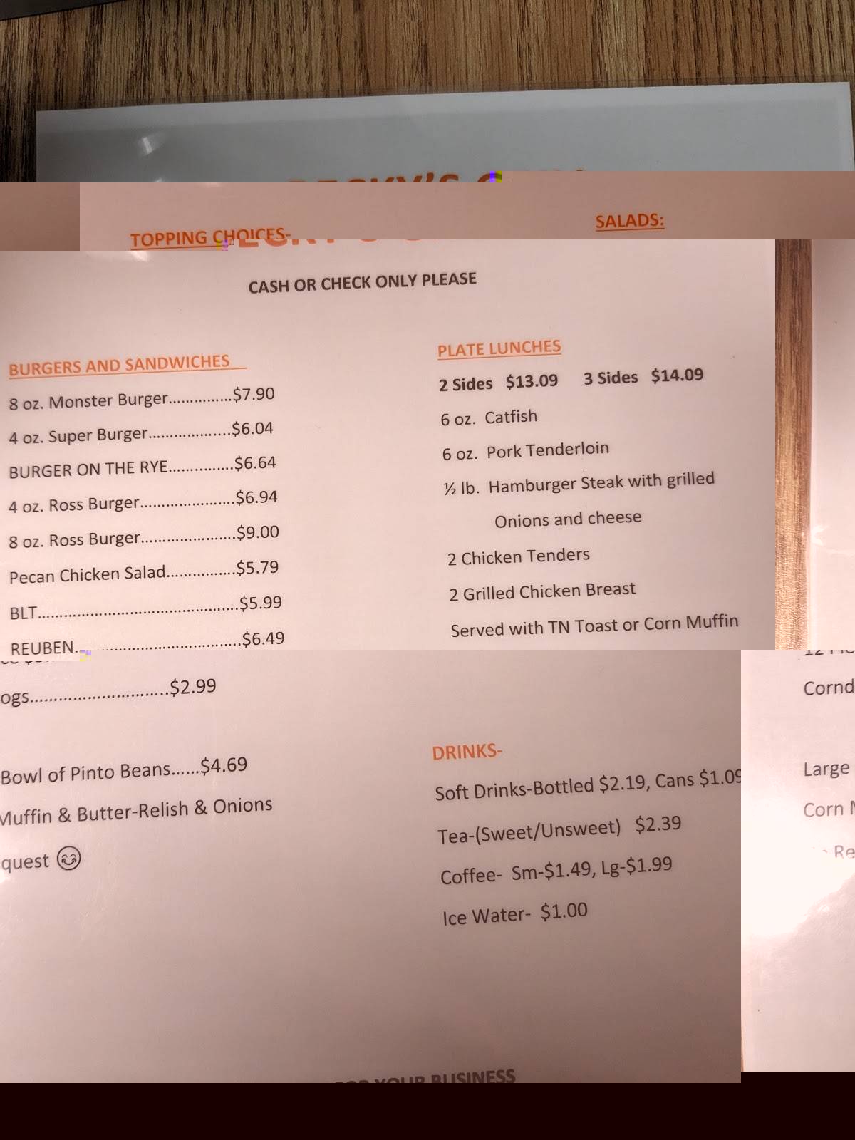 Menu at Becky's Grocery and Grill restaurant, Maryville
