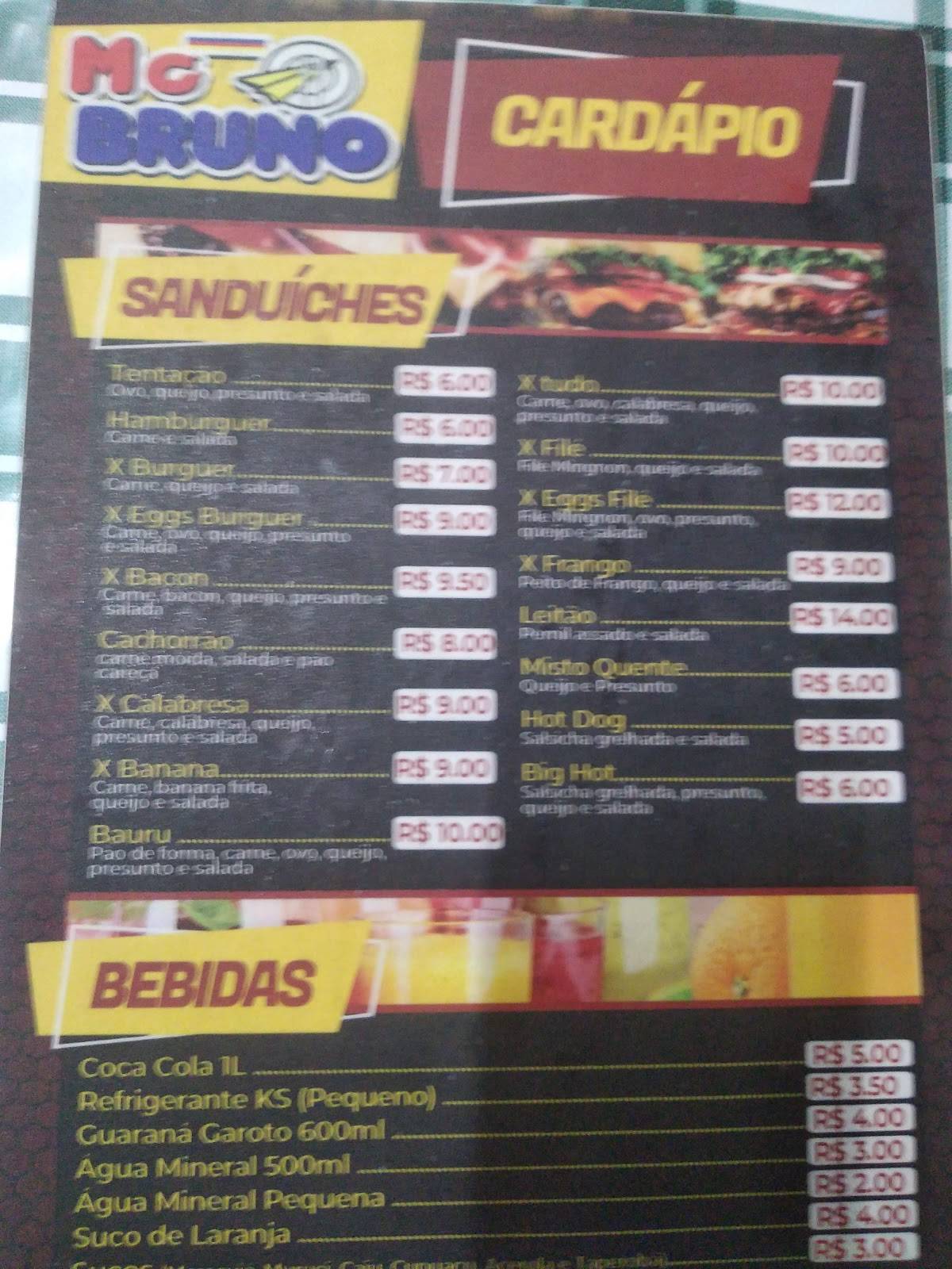 Mc Bruno cardápio