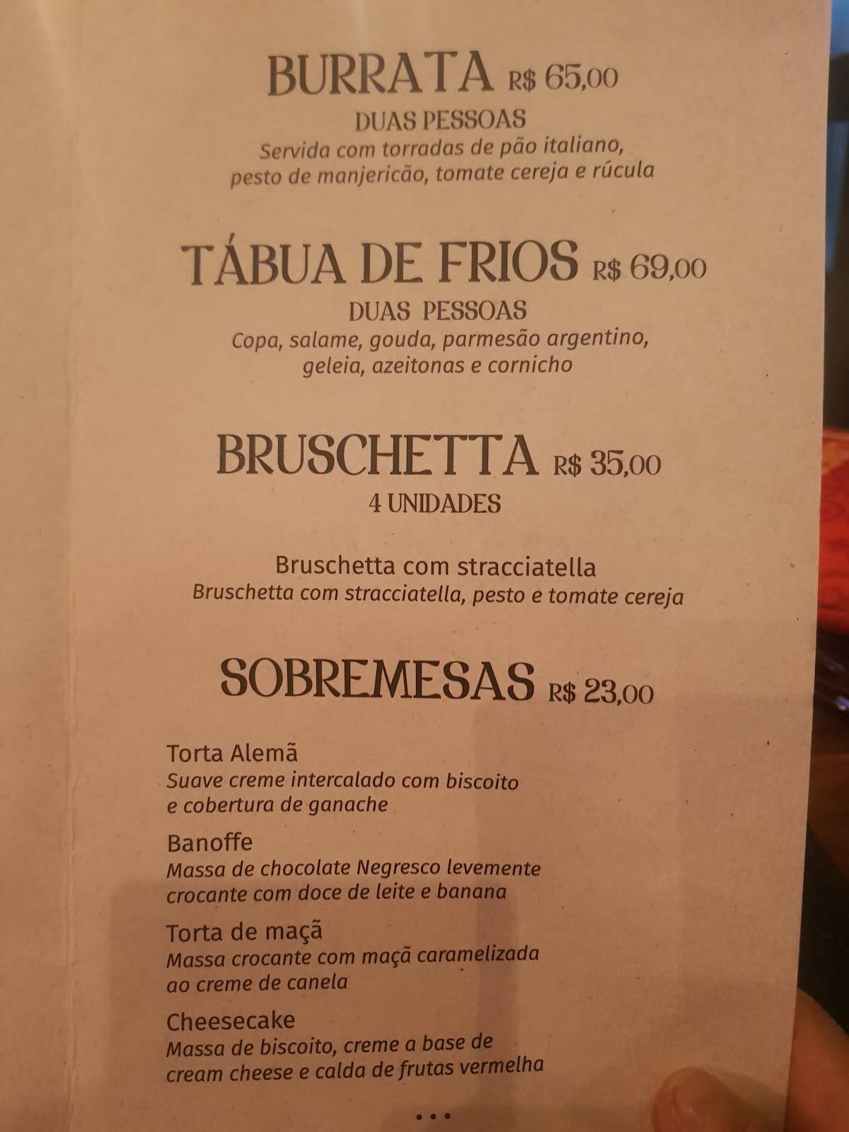 Benedetto Vinho e Bar cardápio