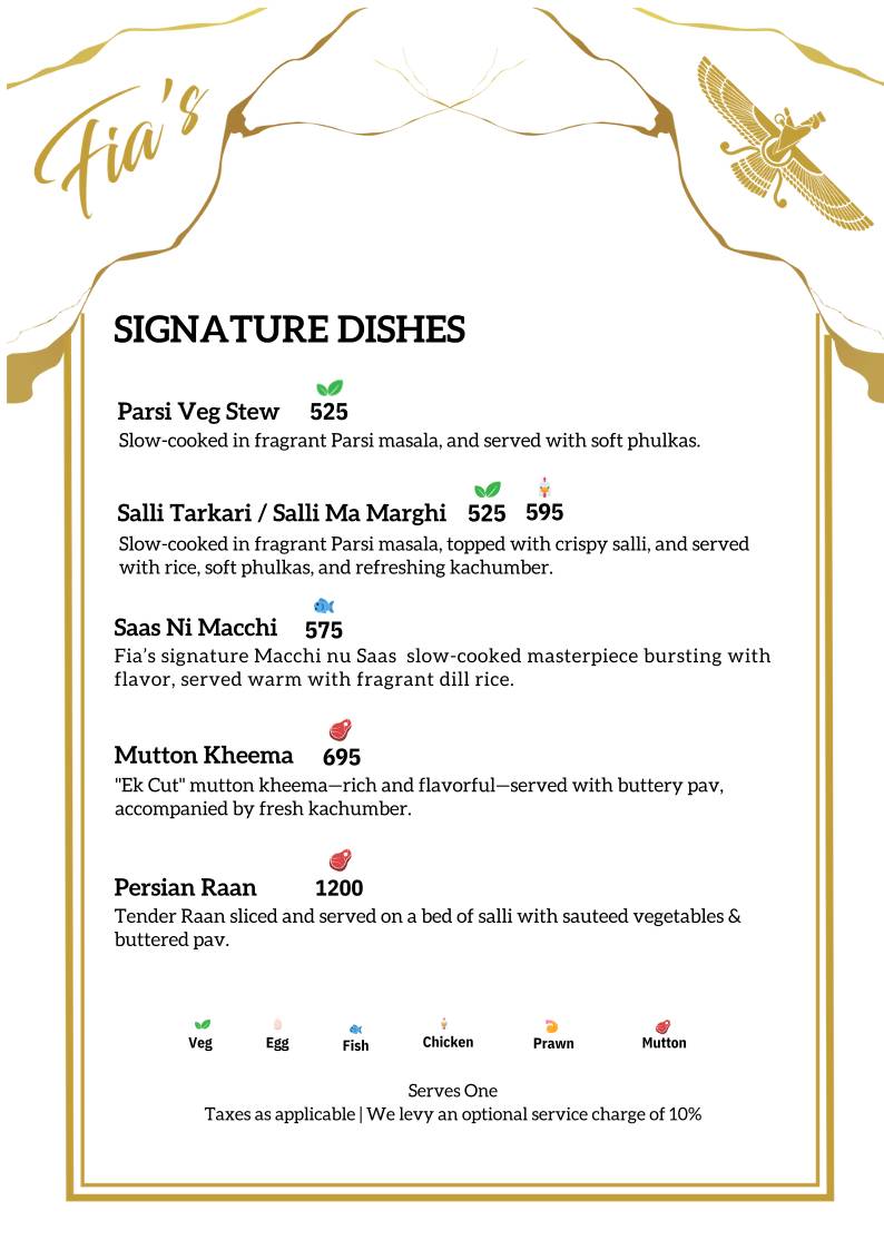Fia’s Lounge - Authentic Parsi Cuisine - Bangalore menu