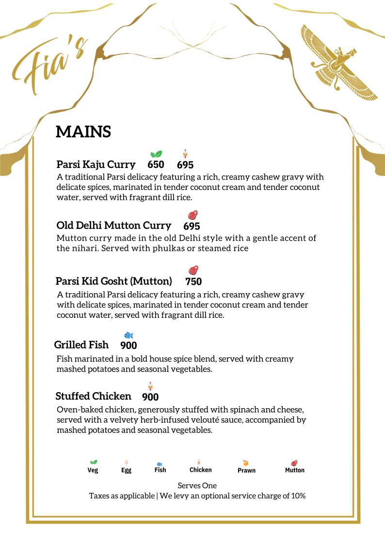Fia’s Lounge - Authentic Parsi Cuisine - Bangalore menu