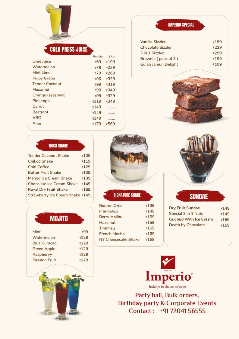 Imperio Restaurant, Whitefield menu