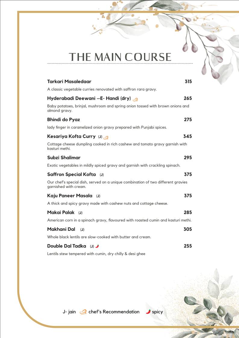 Saffron Restaurant menu