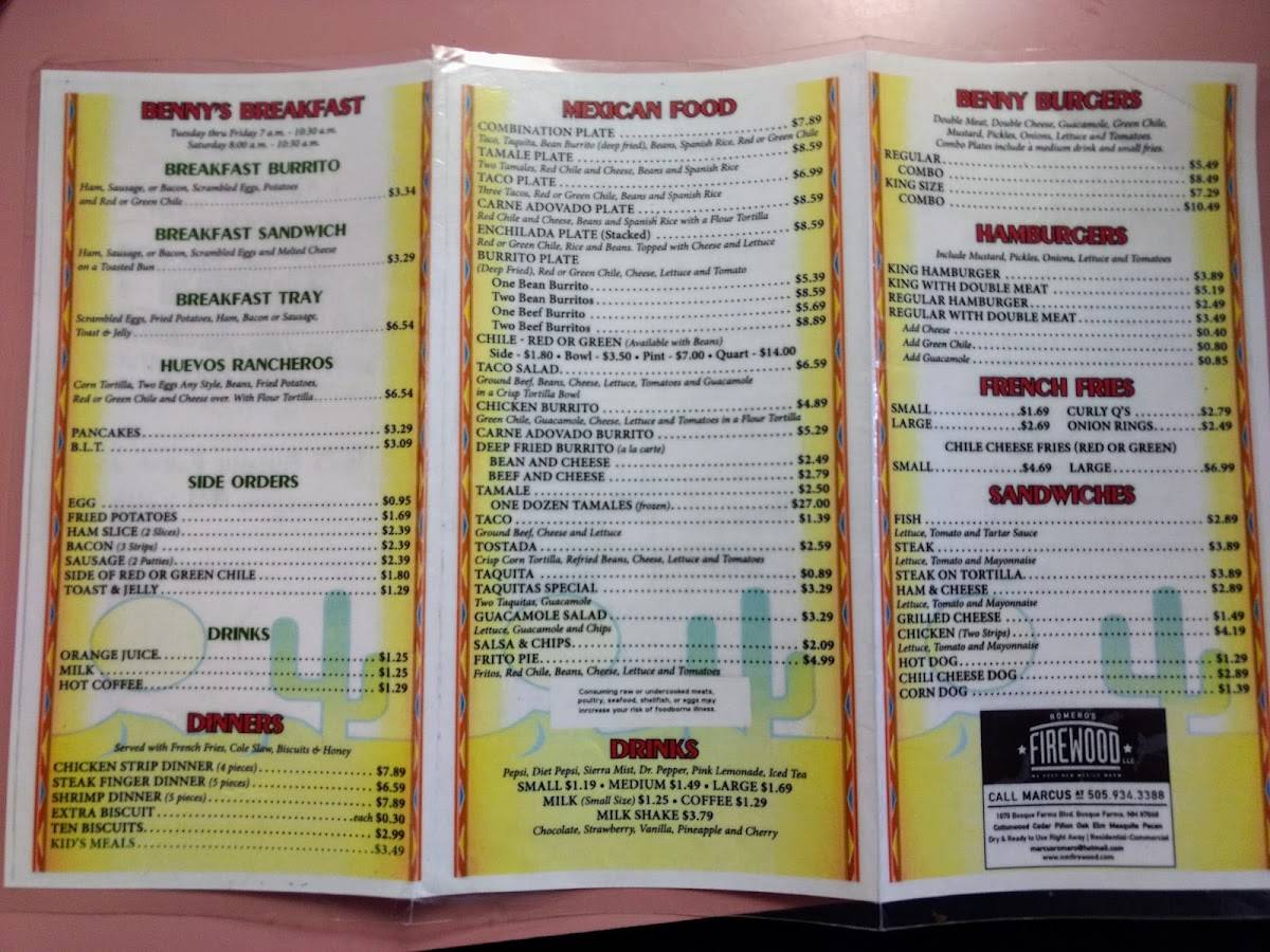 Menu at Benny's restaurant, Bosque Farms