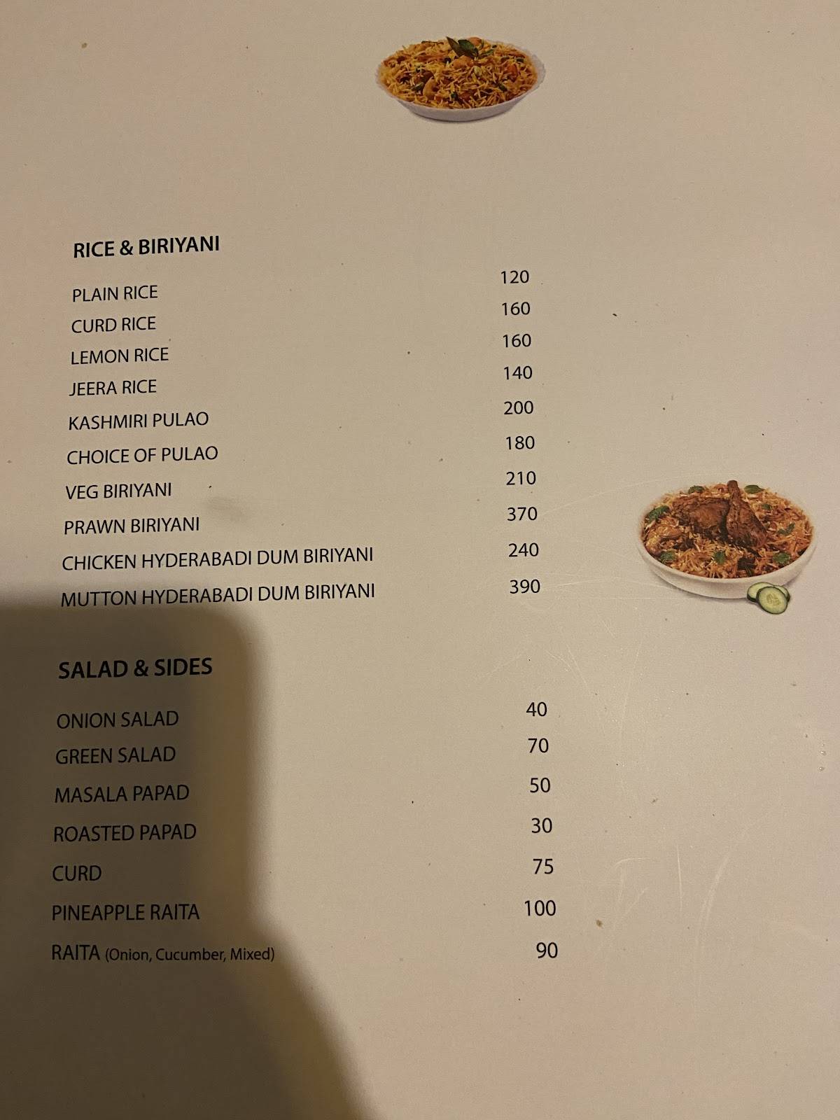 Zaika Palace menu